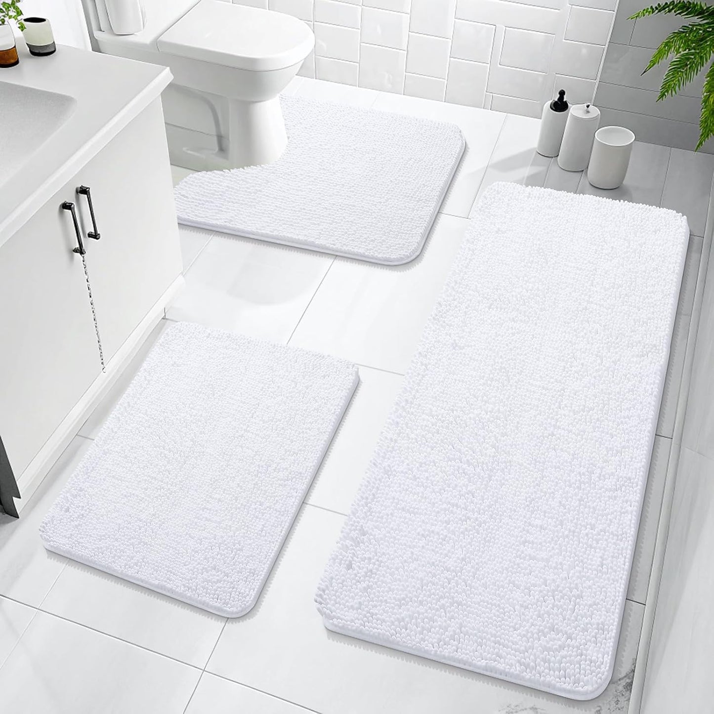 OLANLY Bathroom Rugs Sets 3 Piece, Soft Absorbent Chenille Bath Mats and U-Shaped Contour Toilet Rug, Quick Dry, Home Decor Accessories, Bath Mat Set for Bathroom (47"x20"+24"x16"+24"x20", White)