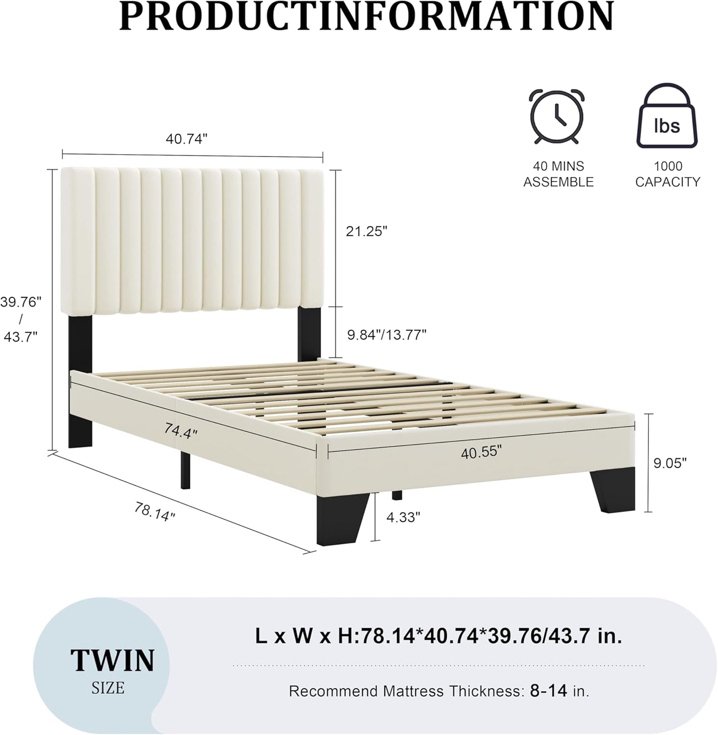 Twin Size Bed Frame with Adjustable Tufted Headboard – Velvet Upholstered Platform Bed, Sturdy Frame & Slats, No Box Spring Needed, Noise-Free, Easy Assembly (Beige, Twin)