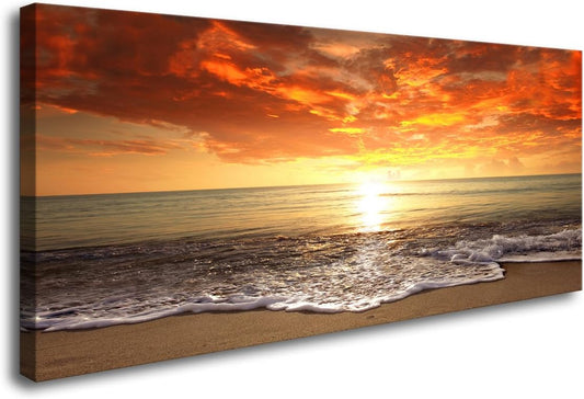Baisuart-S0162 Canvas Prints Wall Art Sunset Ocean Beach Pictures Photo Paintings for Living Room Bedroom Home Decorations Modern Stretched and Framed Seascape Waves Landscape Giclee Artwork