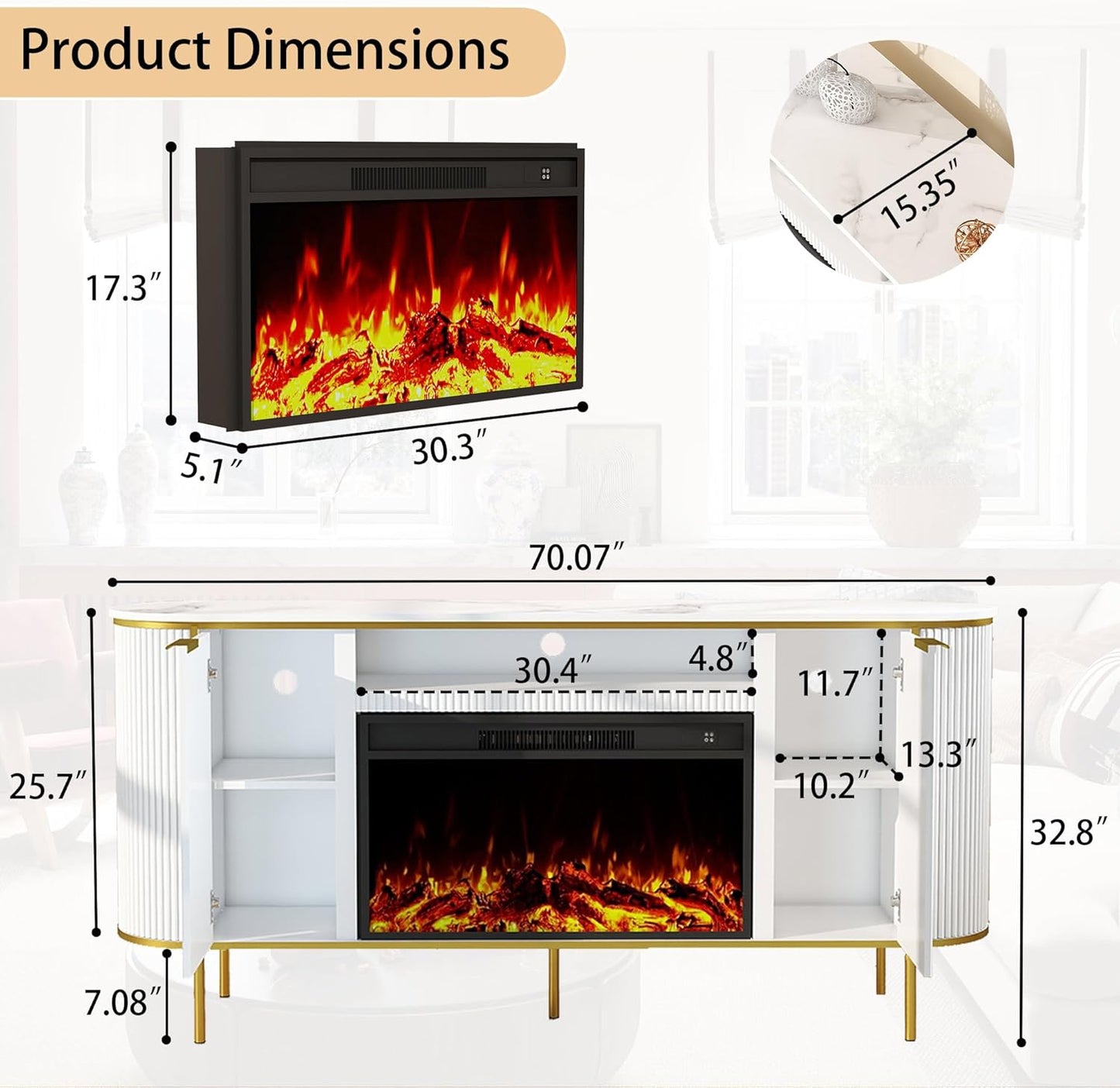 Fluted Fireplace TV Stand: 70" White Entertainment Center for 80 inch TVs with 30" Electric Fireplace, Luxury Media Console with Faux Marble Top, TV Consoles for Living Room