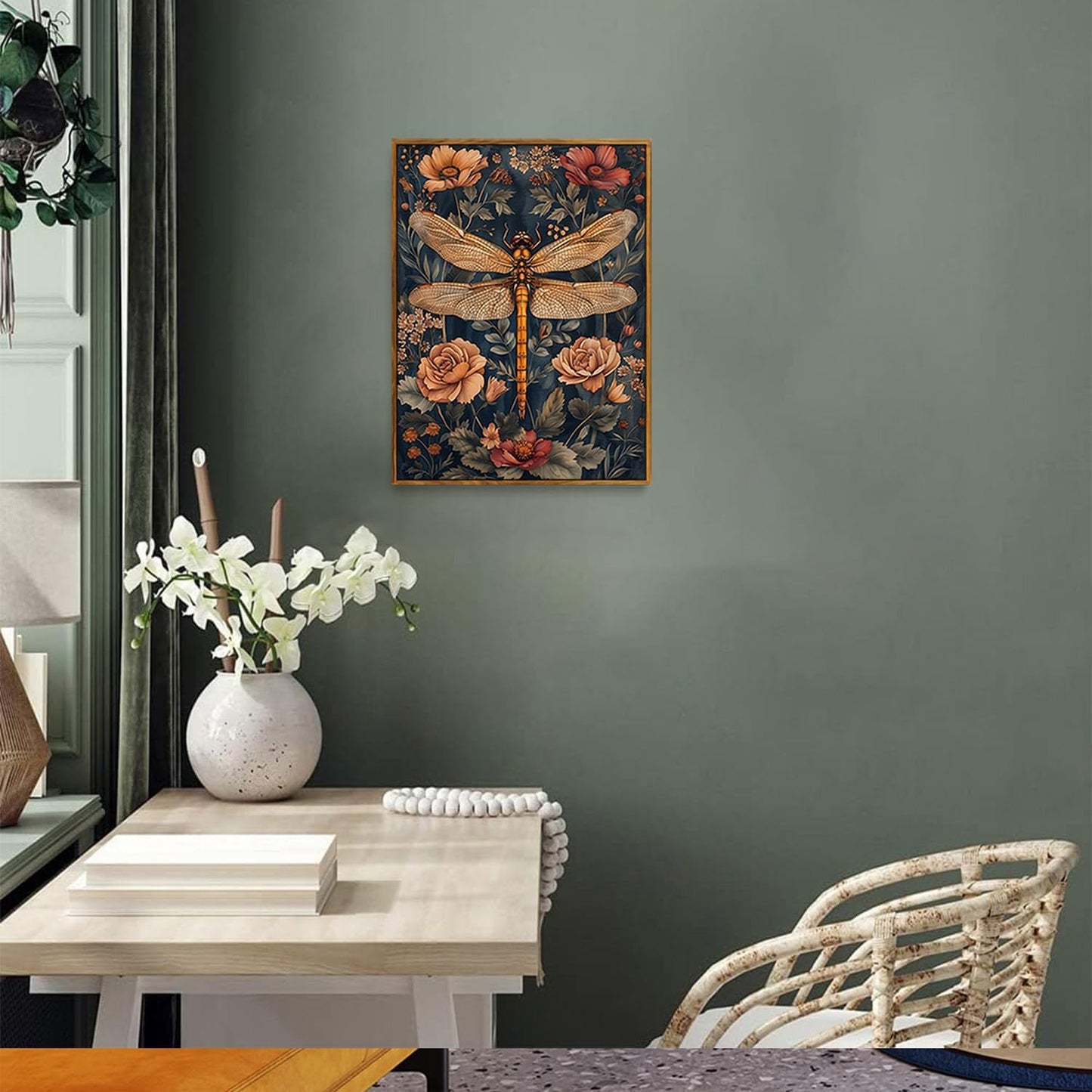 Djmwtb Vintage Dragonfly Framed Wall Art Floral Botanical Canvas Art Prints Flower Pictures Wall Decor Nature Paintings Artwork for Bedroom Living Room 12x16in