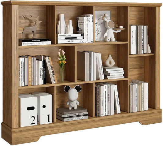 10-Cube Storage Organizer with Adjustable Shelf, Farmhouse Cube Bookcase with Fluted Front Trim for Living Room, Bedroom & Home Office – Rustic Brown