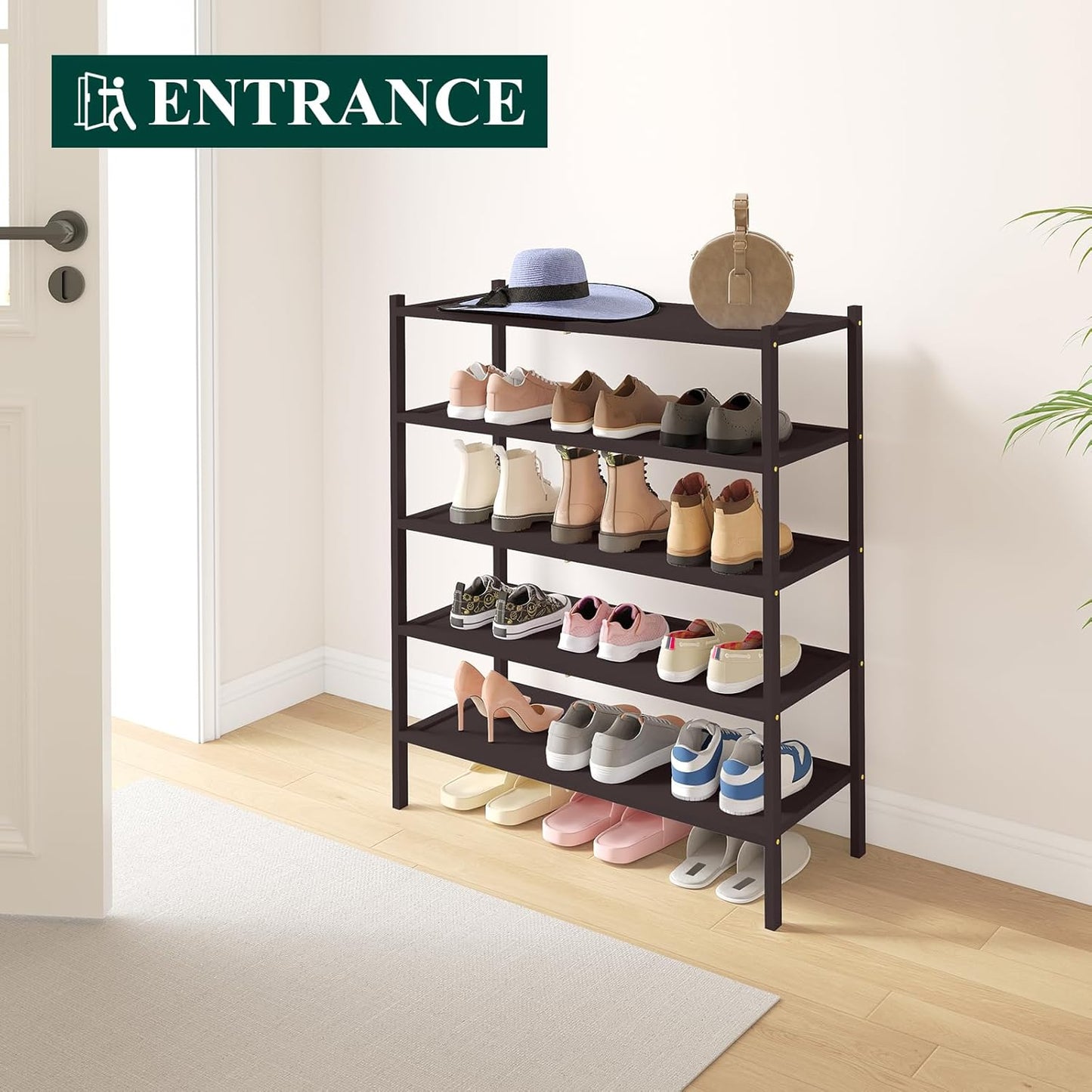 Smiry Bamboo Shoe Rack, 5 Tier Shoe Organizer for Entryway & Closet, Stackable Free Standing Storage Shelf for Shoes, Bags & Plants, Brown