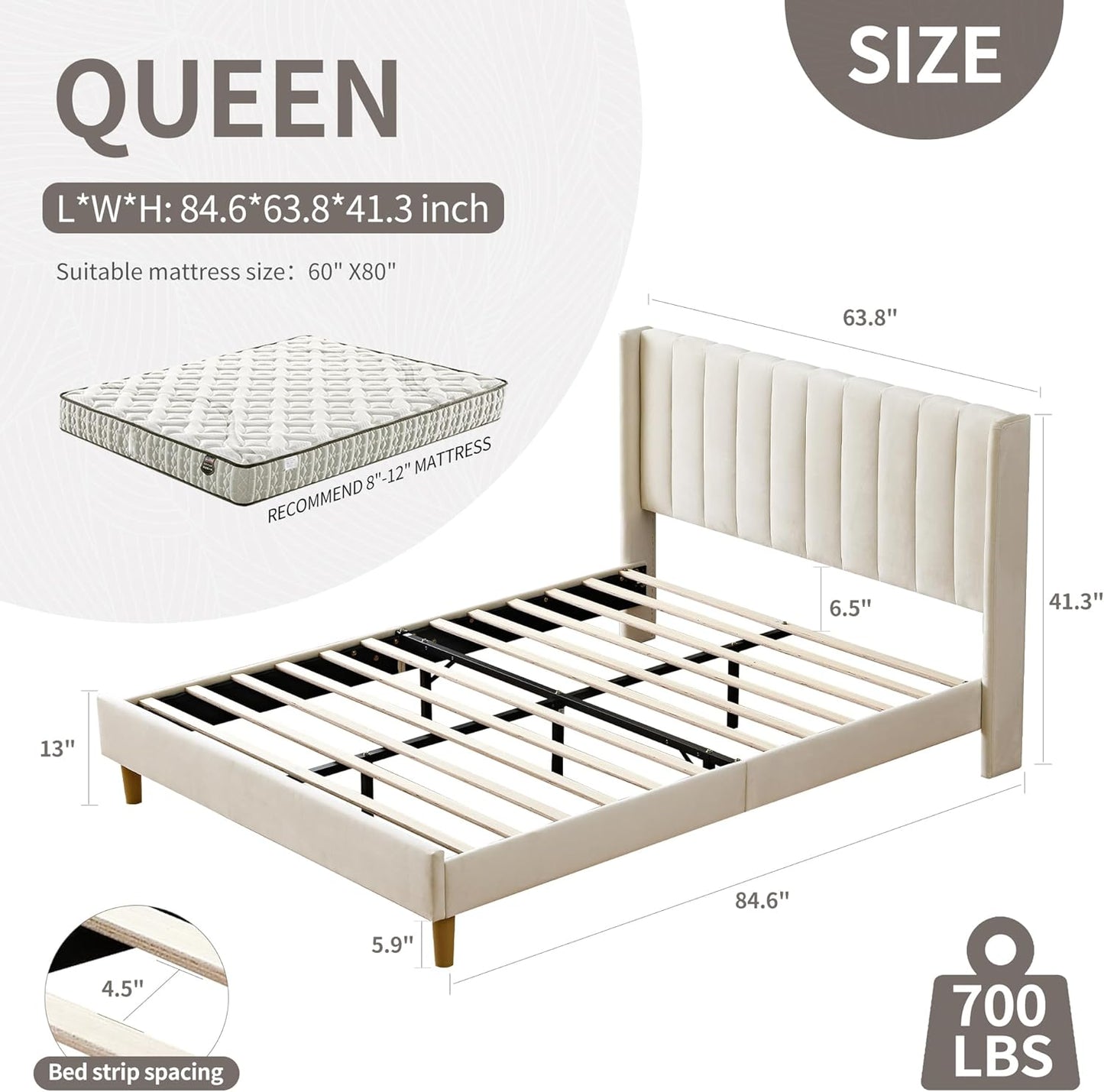 YUHUASHI upholstered Platform Bed Frame/Queen Bed Frame/Modern Geometric Double-Wing Design headboard/Velvet Fabric/Easy to Assemble no Noise (Cream, Queen (U.S. Standard))