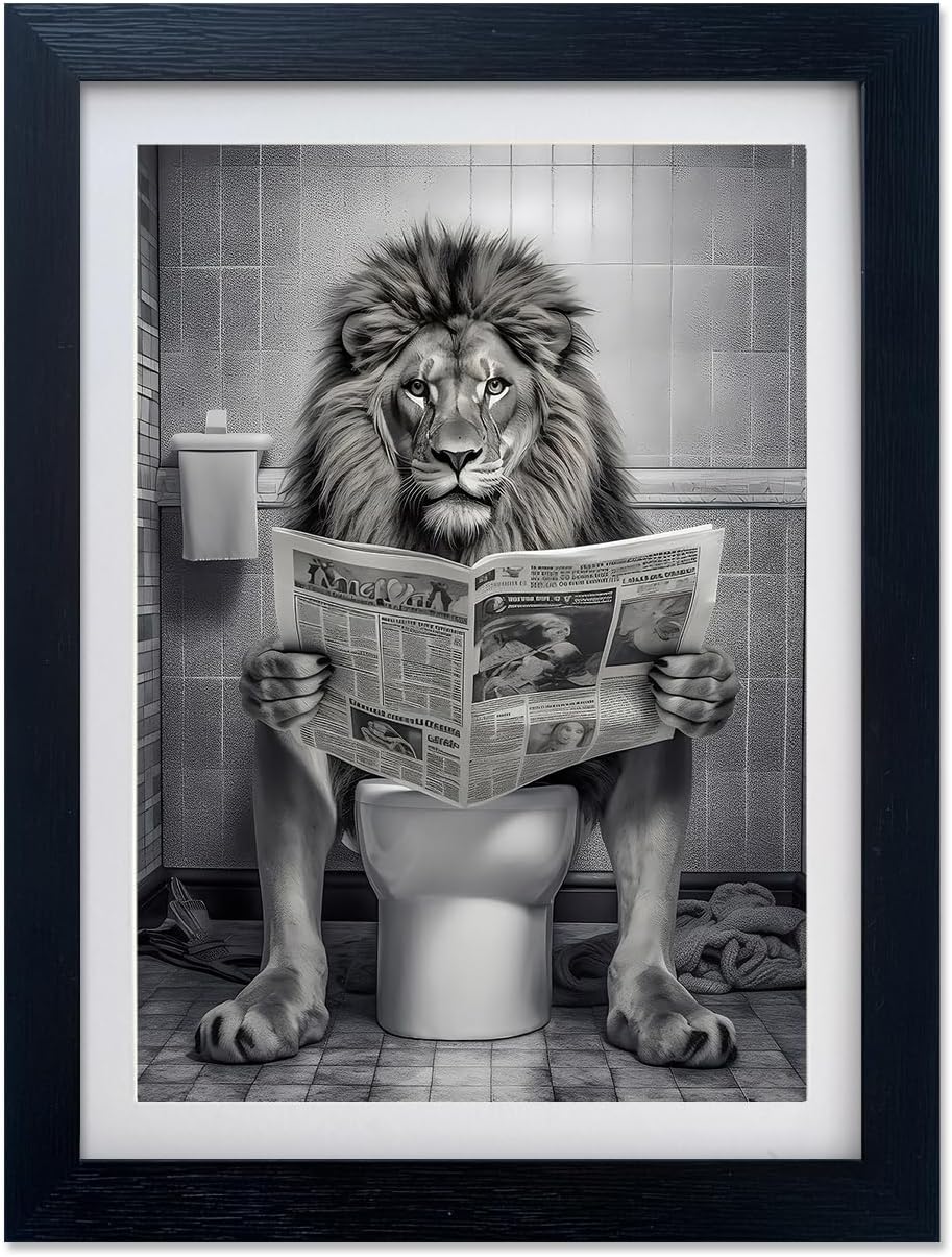 Black and White Bathroom Wall Art Lion in Toilet Decor Bathroom Picture Funny Animal Canvas Print Artwork