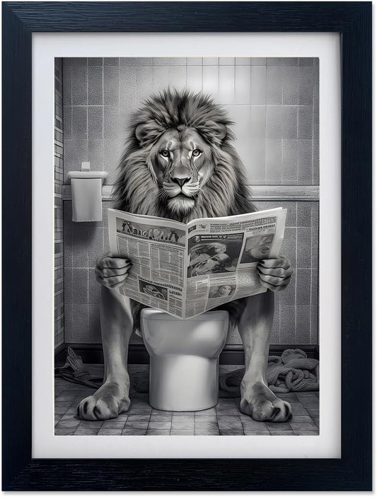 Black and White Bathroom Wall Decor Lion in Toilet Decor Funny Bathroom Wall Art Animal Canvas Print Artwork