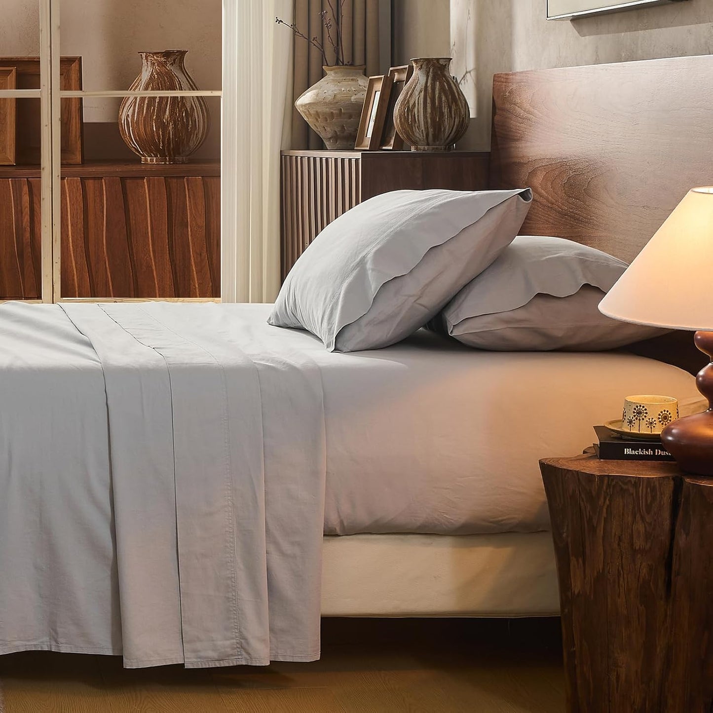 100% Linen Sheet Set Queen Size Extra Deep Pocket Fits 18-24 Inch Mattress, Breathable & Soft, Smooth 4-Piece Set for Thick Mattresses Hotel Luxury Bedding（Queen, Grey）