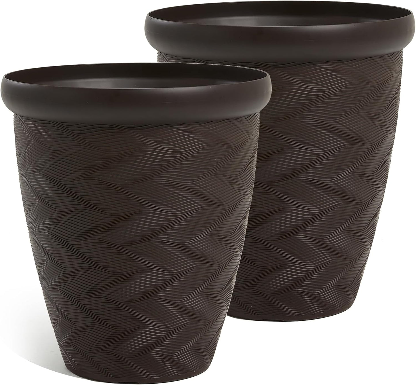 Worth Garden 2-Pack 16" Large Round Planter - Weave Pattern Lightweight Plastic Plant Pot 16" x 17.5" for Indoor Outdoor Use - Decorative Containers for Front Porch Home Yard Deck Patio - Dark Brown