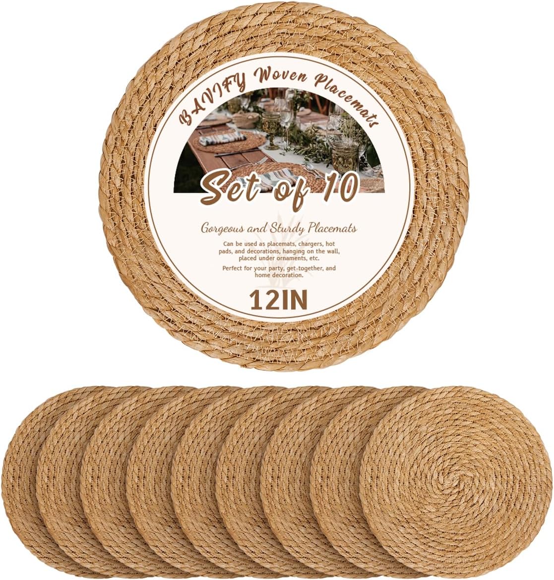 12 in Round Woven Placemats Plate Chargers Set of 10, Rattan Wicker Table Mats for Dinner Plates, Boho Farmhouse Rustic Place Mats for Dining Table Decor