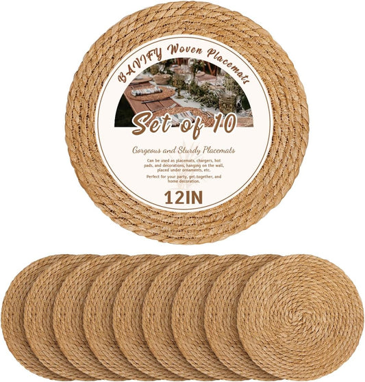 12 in Round Woven Placemats Plate Chargers Set of 10, Rattan Wicker Table Mats for Dinner Plates, Boho Farmhouse Rustic Place Mats for Dining Table Decor