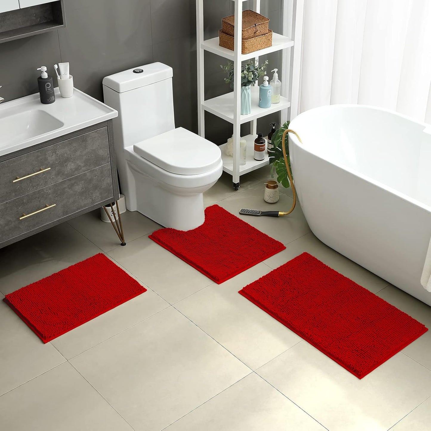 HOMEIDEAS 3 Pieces Bathroom Rugs, Ultra Soft Non Slip Absorbent Chenille Toilet Bath Mat Set (Red,17"x24"+20"x32"+U Shape 20"x24")