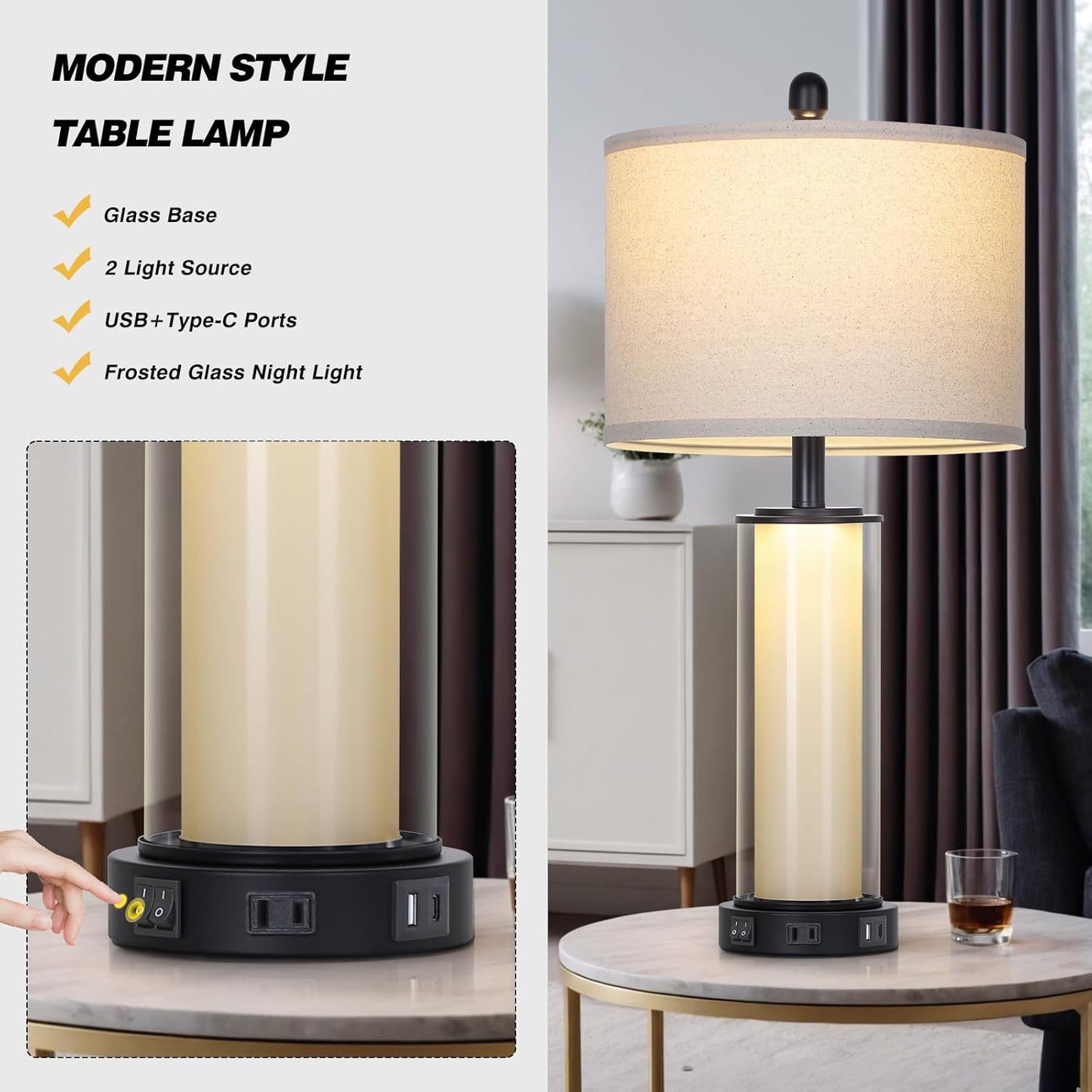 Black Glass Table Lamps Set of 2, 26" Living Room Lamp with Built-in Frosted Glass Night Light, Modern Bedroom Lamp with USB C+A Ports & AC Outlet, Bedside Lamps for Nightstand (4 Bulbs Included)
