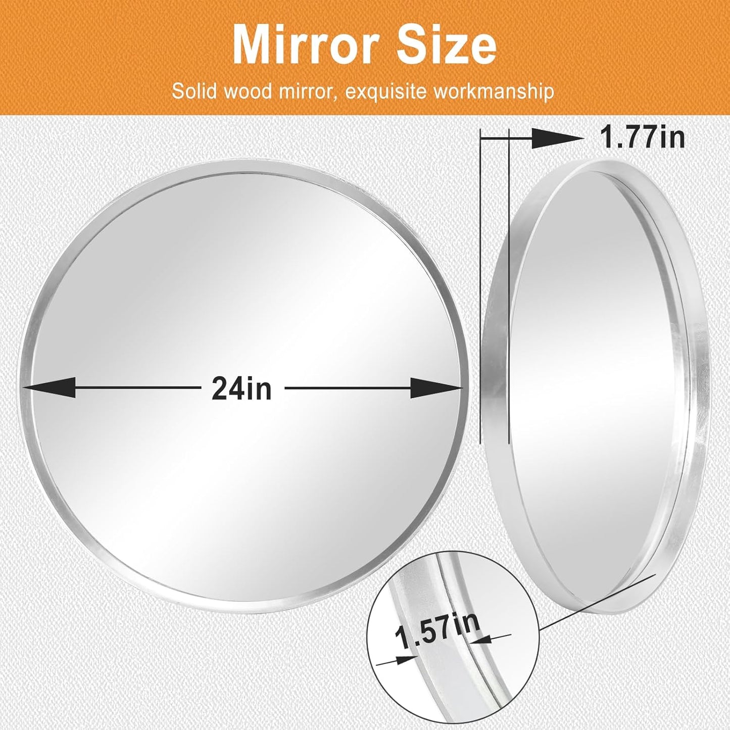 Round Mirror, 24 Inch Silver Wood Frame, Wall Circle Mirror for Bathroom or Nursery Decor