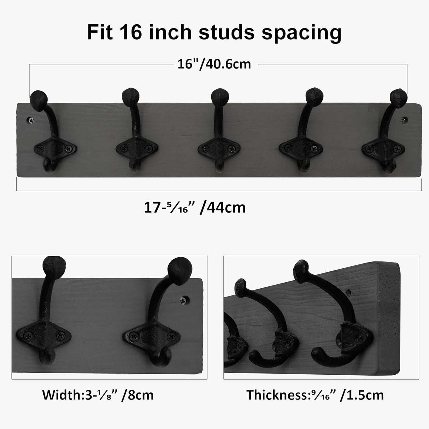 WEBI Rustic Coat Rack Wall Mount Grey,5 Cast Iron Hooks,Coat Hooks Wall Mounted,Heavy Duty Antique Vintage Hooks for Hanging Coats,Jacket,Clothes