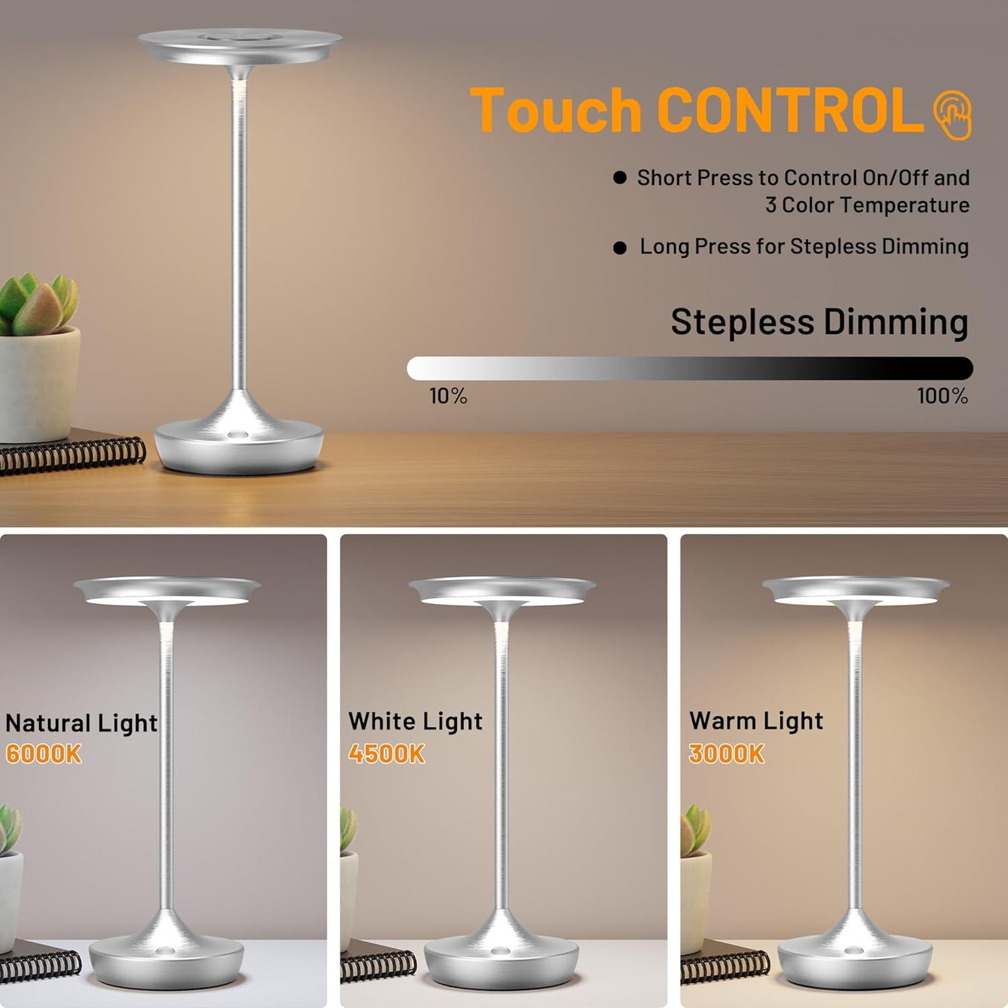 YHT Cordless Table Lamp, Restaurant Bedroom LED Rechargeable Stepless Dimming Desk Lamp, Outdoor Patio Portable 6000mAh IP54 Waterproof Table Light (Sliver 2Pack)