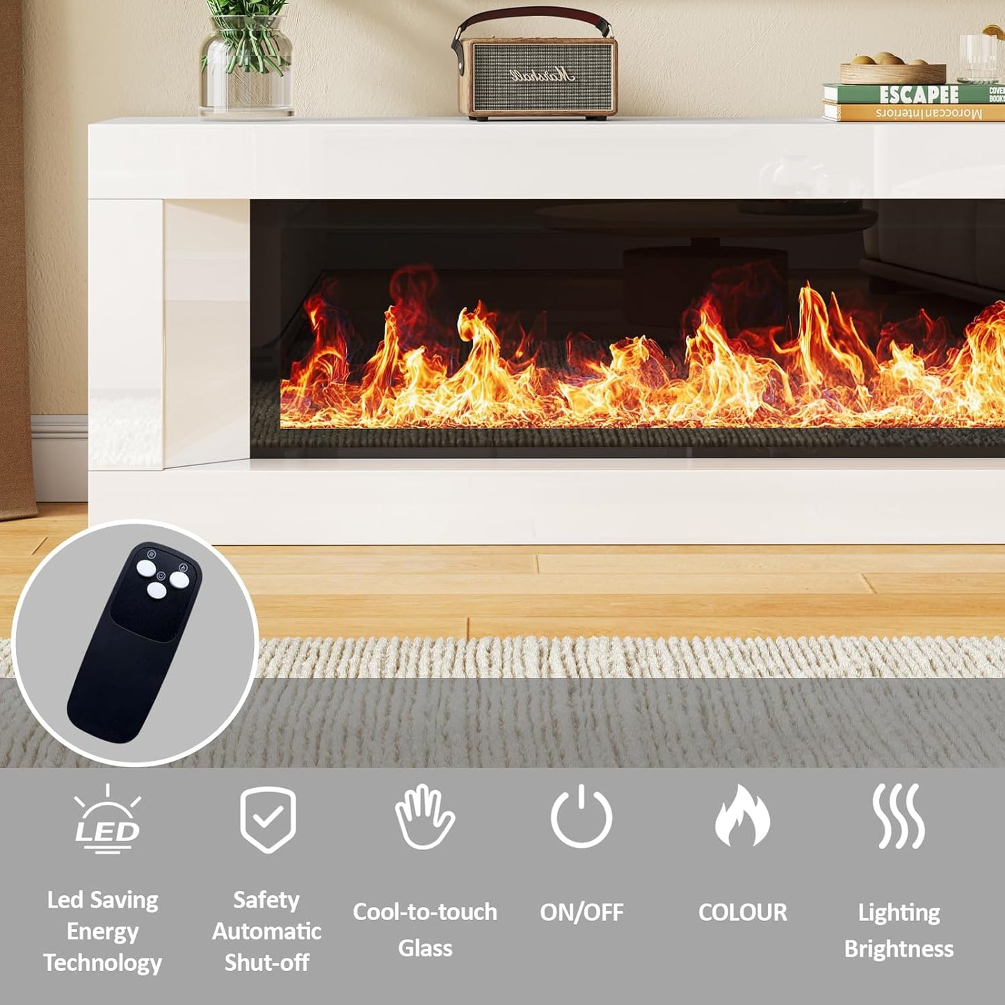 High Gloss Fireplace TV Stand with 47" Electric Fireplace, 63" Entertainment Center with Fireplace, Modern Wood TV Console with 12 Electronic Flame Colors for Living Room, White