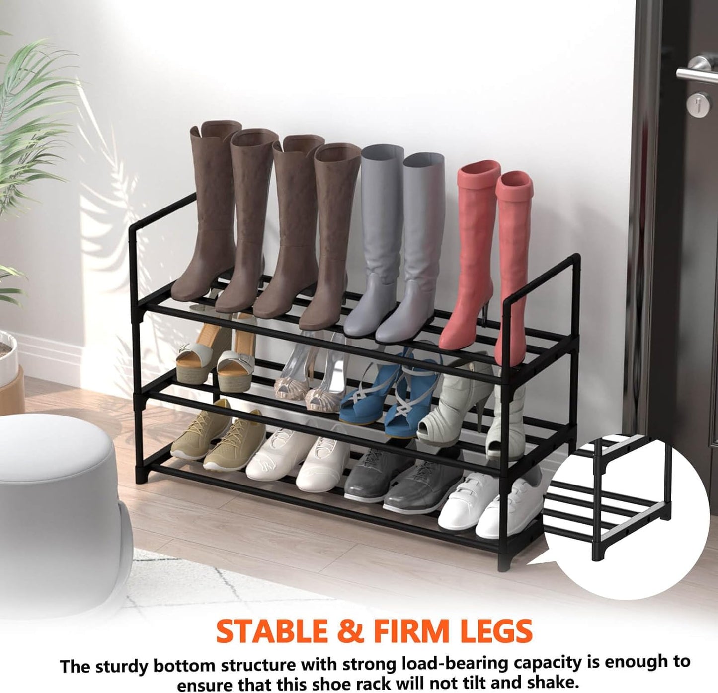 3 Tiers Metal Shoe Rack,Adjustable Shoe Shelf Storage Organizer,Stackable Boot & Shoe Storage,for Entryway,Hallway,Closet,Black