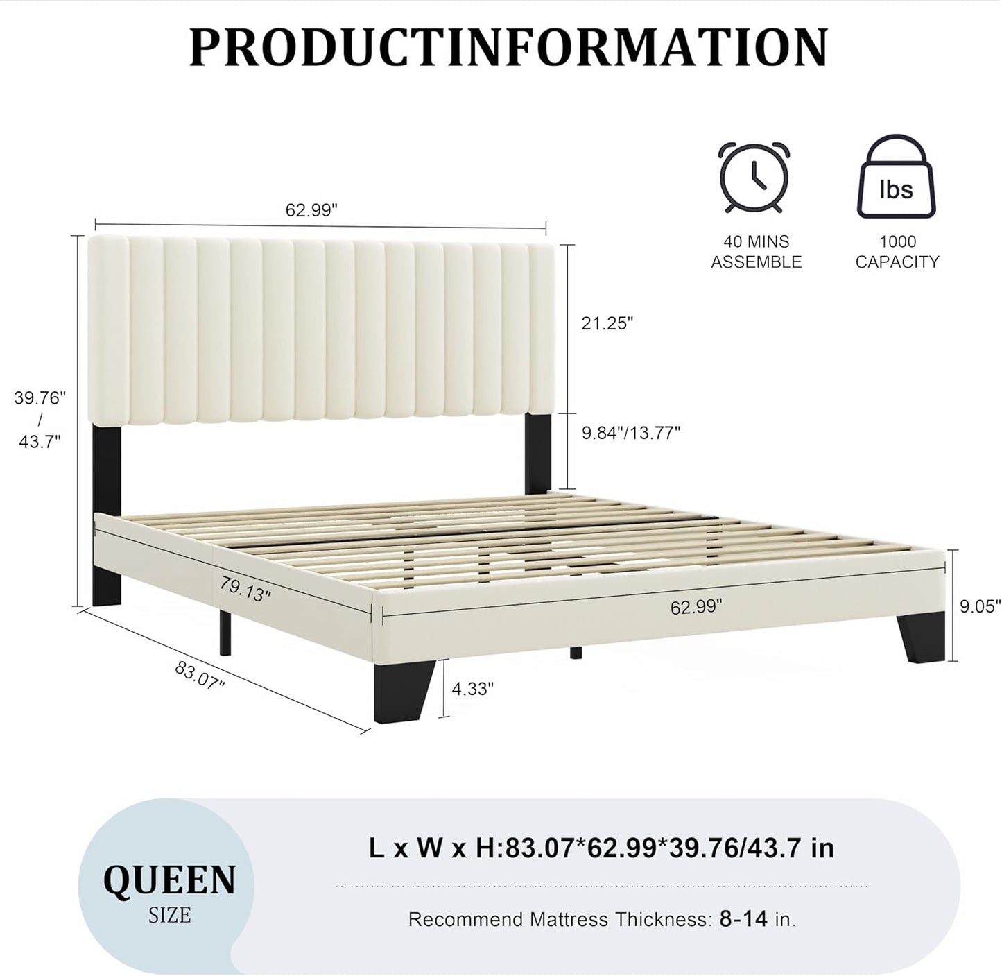 Queen Size Bed Frame with Adjustable Tufted Headboard – Velvet Upholstered Platform Bed, Sturdy Frame & Slats, No Box Spring Needed, Noise-Free, Easy Assembly (Beige, Queen)