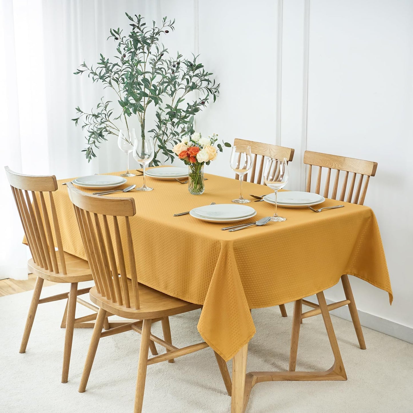 maxmill Square Jacquard Tablecloth Waterproof Spillproof Wrinkle Resistant Soft Weaved Design Table Cloth for Dinner and Party Washable Fabric Cover, Indoor Outdoor Use, 60 x 60 Inch, Ochre Yellow