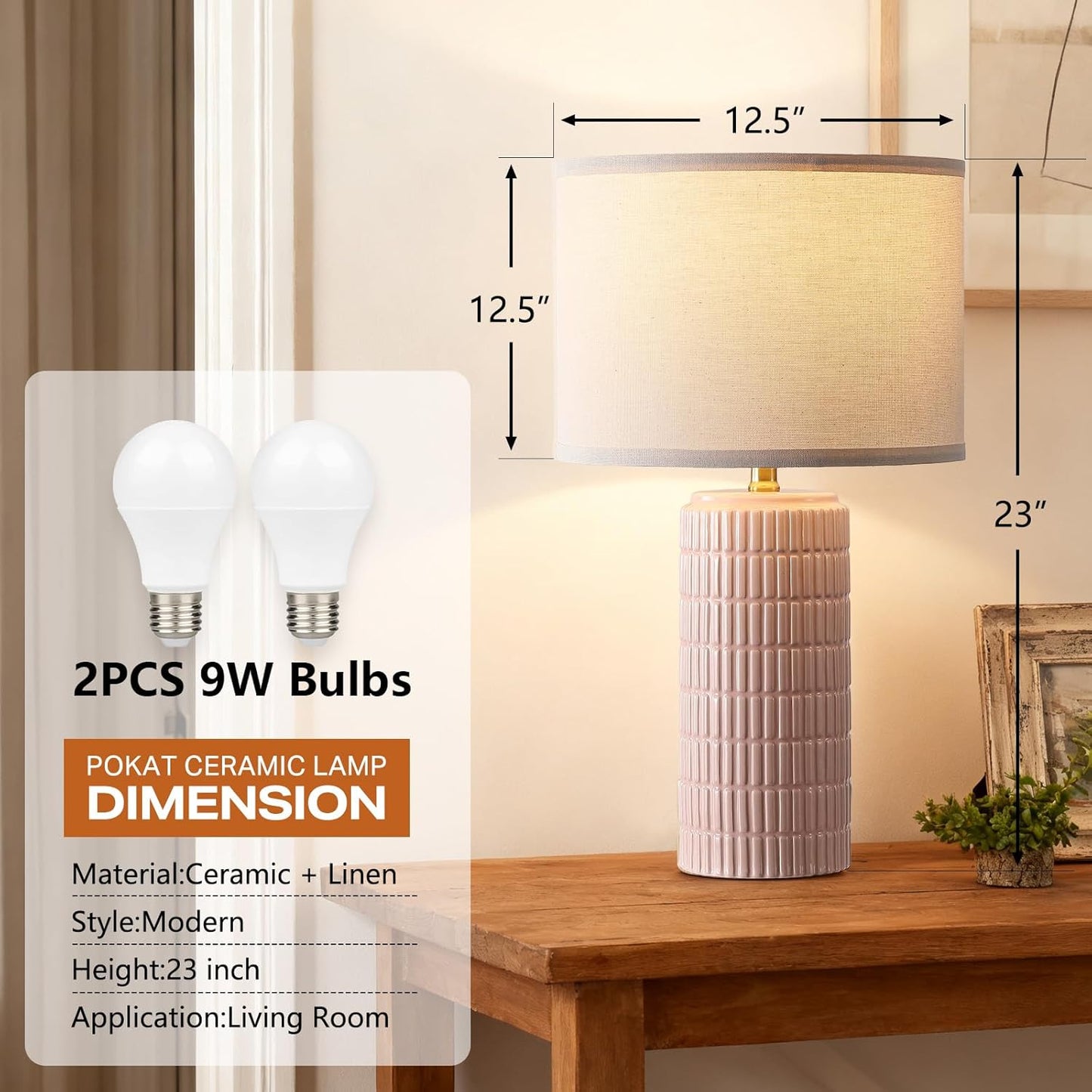 Modern Ceramic Table Lamp Set of 2, Bedside Lamp for Bedroom Decor, Nightstand Lamp with 3 Color Temperatures, Desk Light for Living Room Dorm Office, Pink