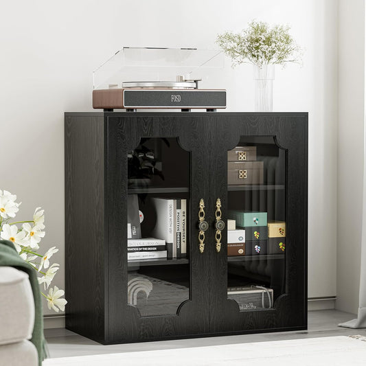 Modular Buffet Storage Cabinet, Glass 2-Door Kitchen Sideboard Buffet Console w/Adjustable Shelves, Wood Modular Organizer for Kitchen Living Room, 31.5 Inch
