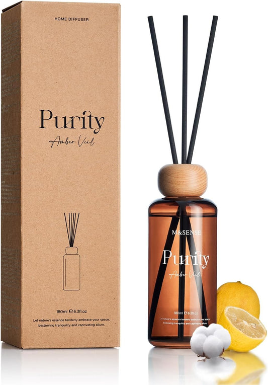 M&SENSE Amber Citrus Reed Diffuser: 6.3 fl oz Lemon & Linen Scented Aroma Set with Light & Subtle Fragrance, Non-Toxic Natural Essential Oil Gifts for Bedroom Shelf Decor Small Spaces