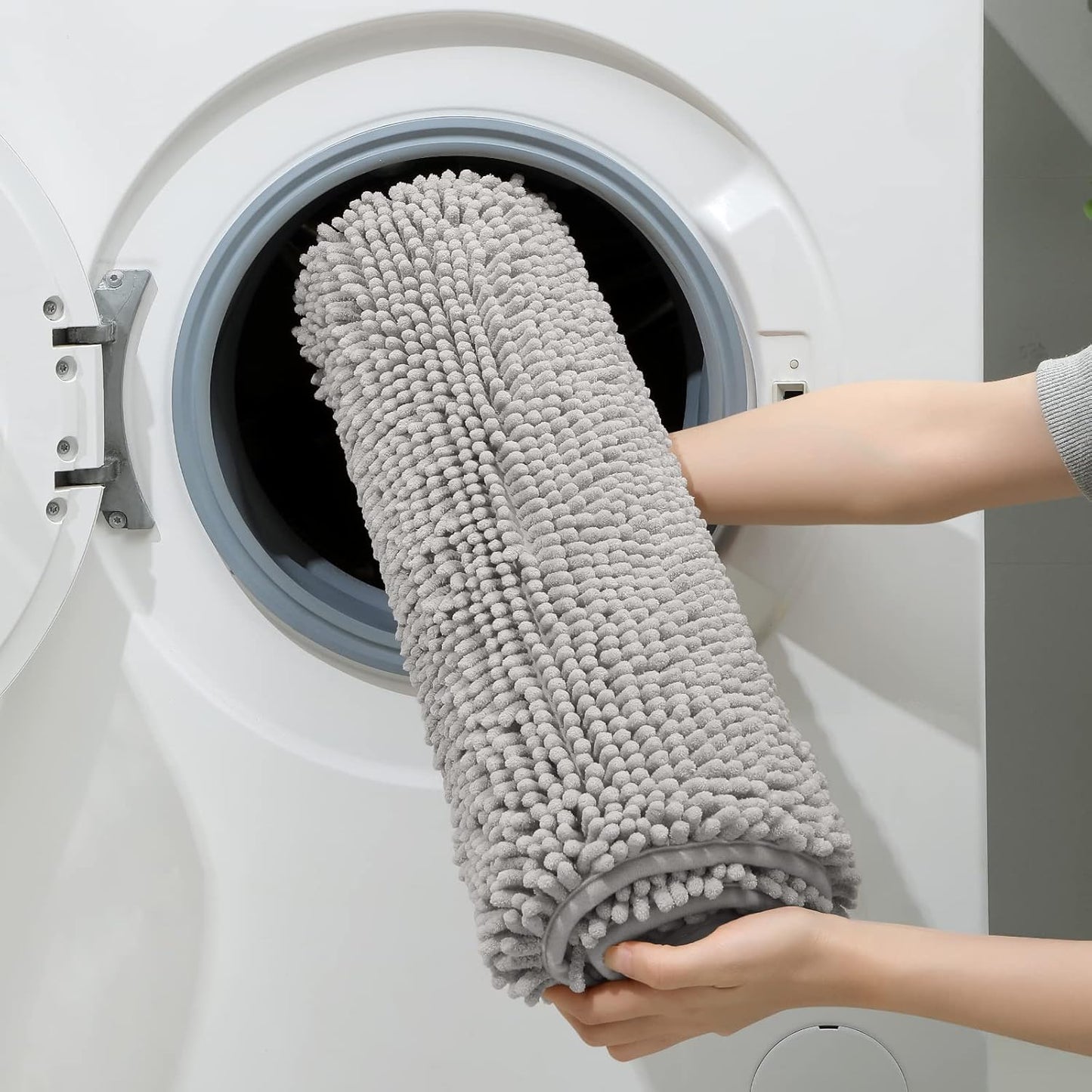 HOMEIDEAS 3 Pieces Bathroom Rugs, Ultra Soft Non Slip Absorbent Chenille Toilet Bath Mat Set (Light Grey,17"x24"+20"x32"+U Shape 20"x24")