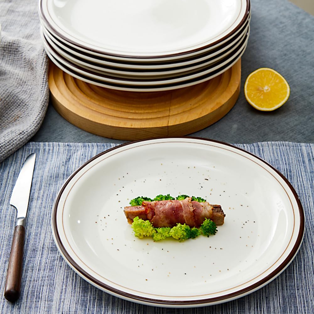 10.5-inch Porcelain Dinner Plate Set of 6 - Microwave, Oven and Dishwasher Safe, Scratch Resistant. (Classic Brown)