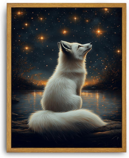 Djmwtb Framed Vintage Wall Art, White Fox Wall Decor,Starry Night Landscape Paintings for Bedroom, Woodland Animal Canvas Pictures Artwork Prints for Living Room 16x24in