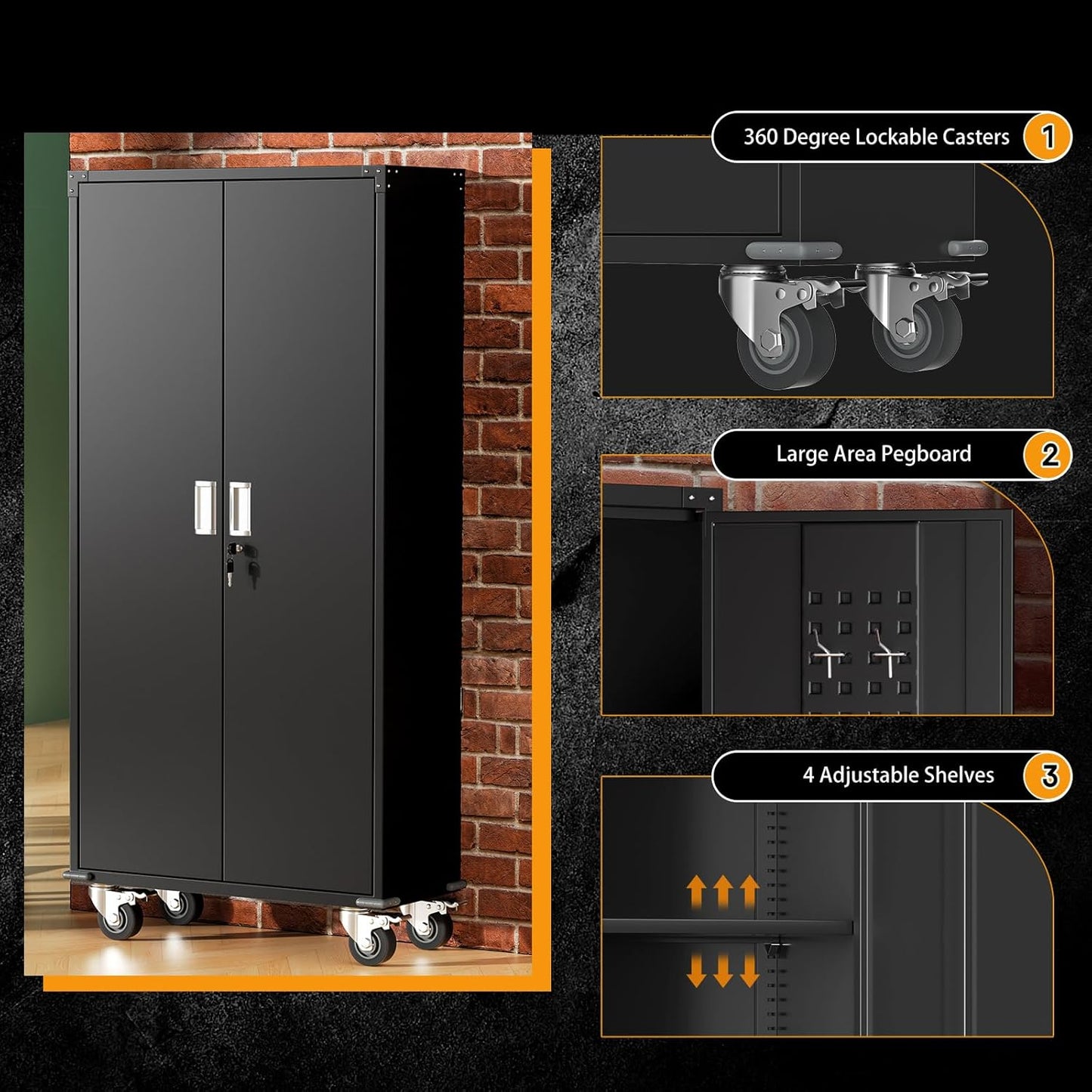 Greenvelly Metal Storage Cabinet with Wheels, Lockable 74" Black Metal Garage Cabinets with 2 Doors and 4 Adjustable Shelves, Rolling Steel Tool Cabinet for Garage, Home Office, School