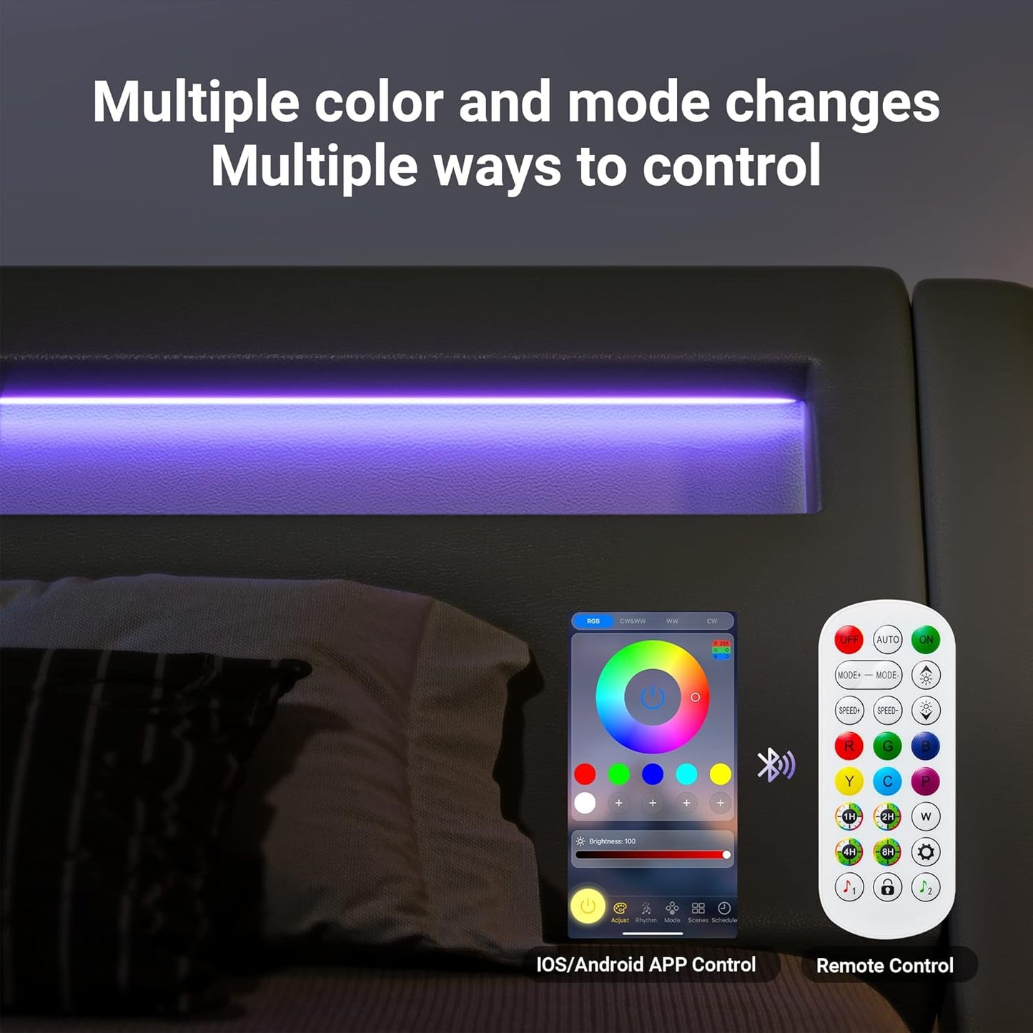 Allewie Full Size LED Platform Bed Frame with Adjustable Headboard/No Box Spring Need/Easy Assembly/Faux Leather in Grey