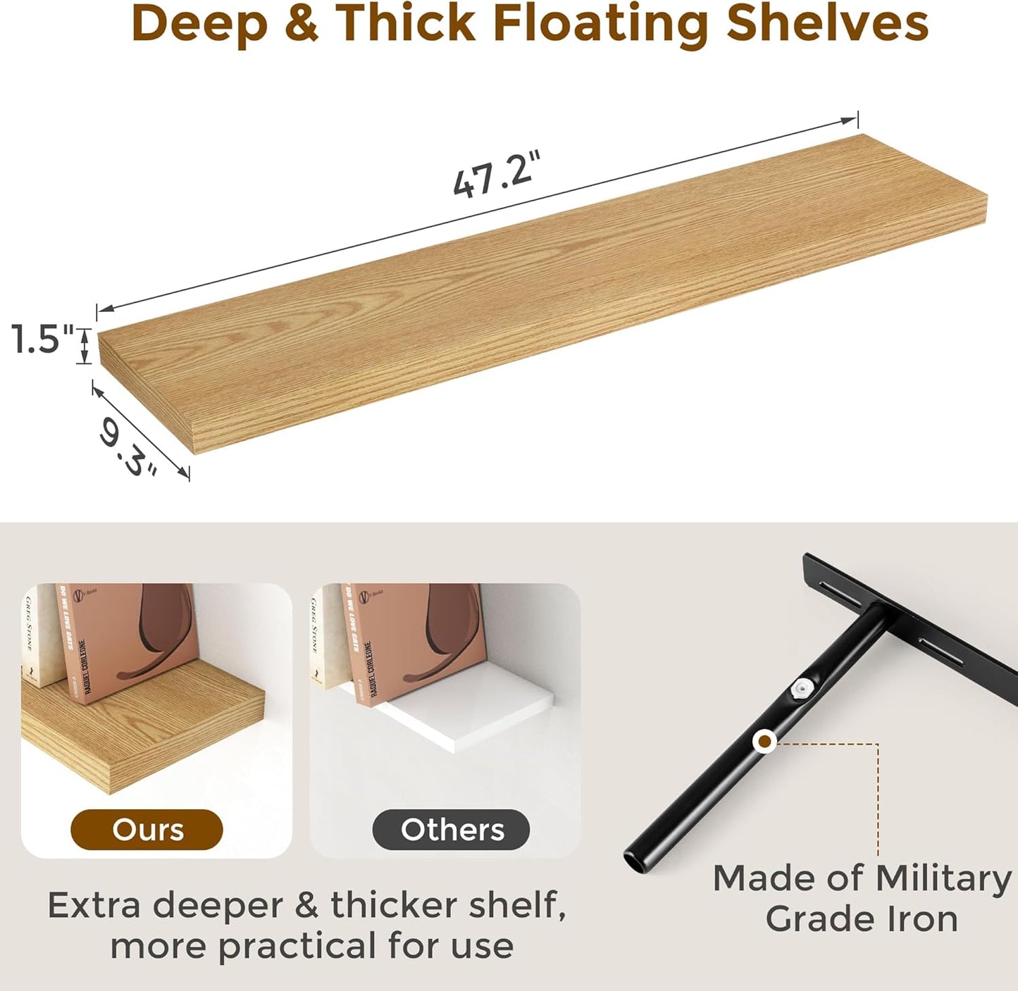 48 Inch Floating Shelves, 9.3 Inch Deep Floating Shelf for Wall, Rustic Wood Wall Shelves 48 x 9.3 x 1.5, Large Bathroom Shelf 48 Inch Long, Deep Shelves for Kitchen, Living Room, Oak Color, 2 Pack