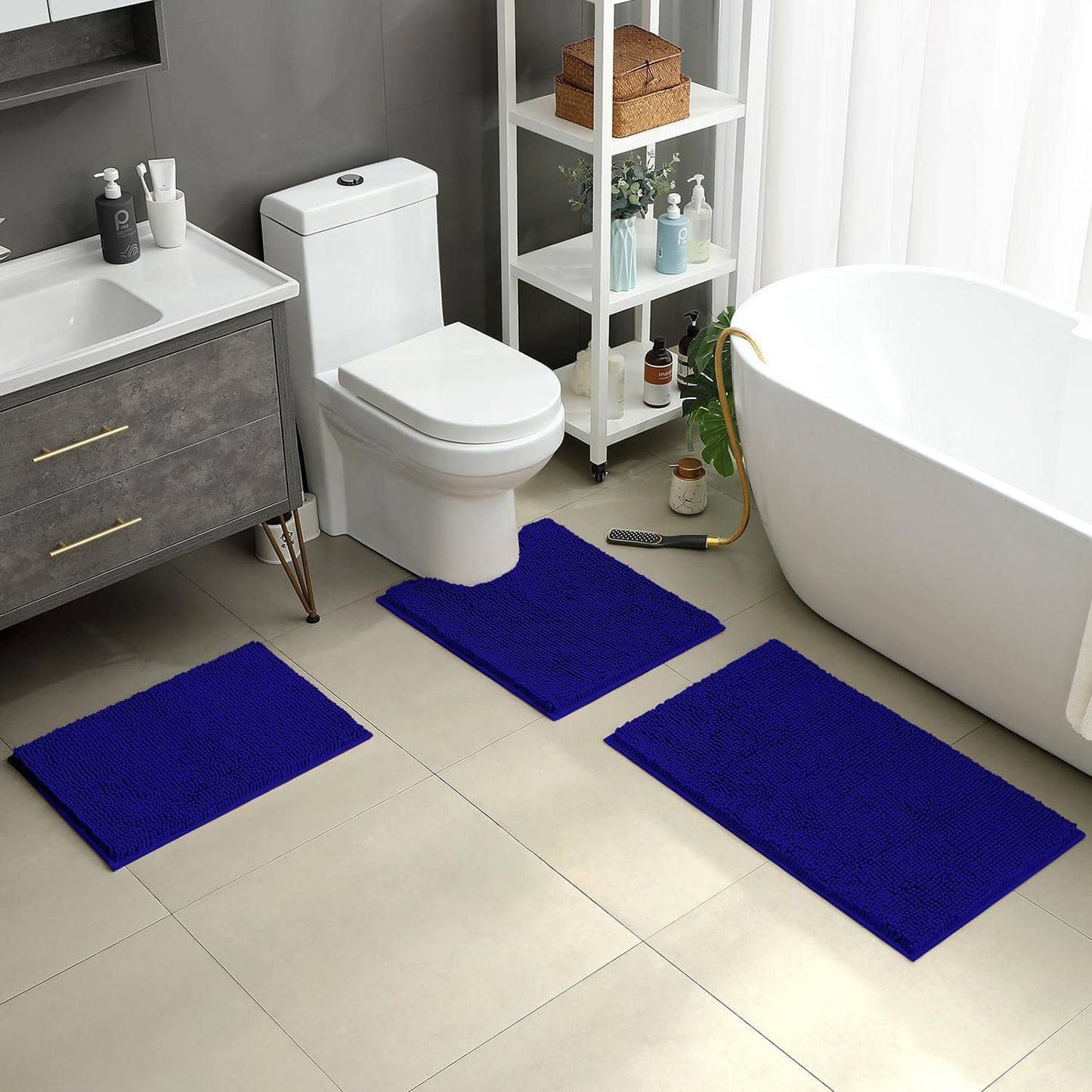 HOMEIDEAS 3 Pieces Bathroom Rugs, Ultra Soft Non Slip Absorbent Chenille Toilet Bath Mat Set (Royal Blue,17"x24"+20"x32"+U Shape 20"x24")