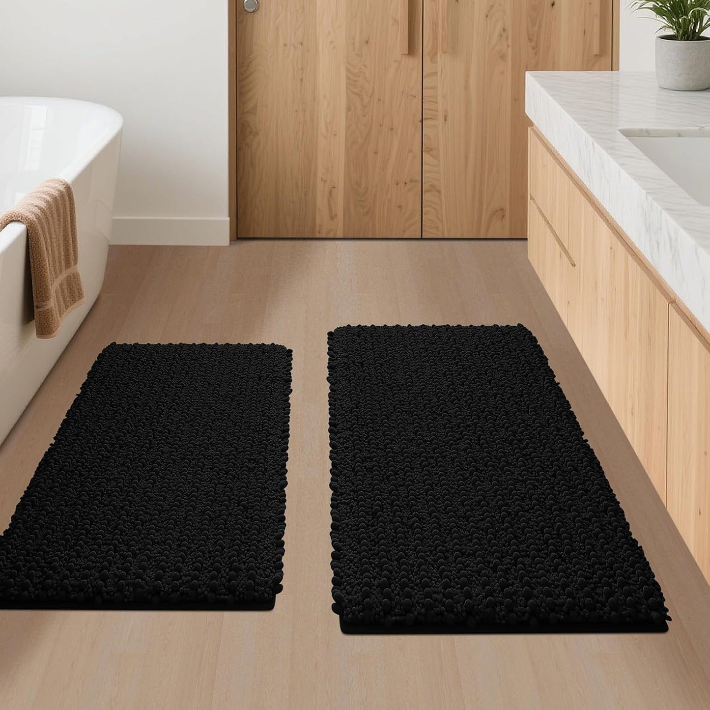 ACCUMTEK Upgrade Luxury 2 Piece Black Toilet Bathroom Rug Mat 32"x20"+24"x17", Ultra Soft Thick Absorbent Bath Mats, Non Slip Chenille Toilet Mat for Bathroom, Bedroom, Kitchen, Shower, Tub
