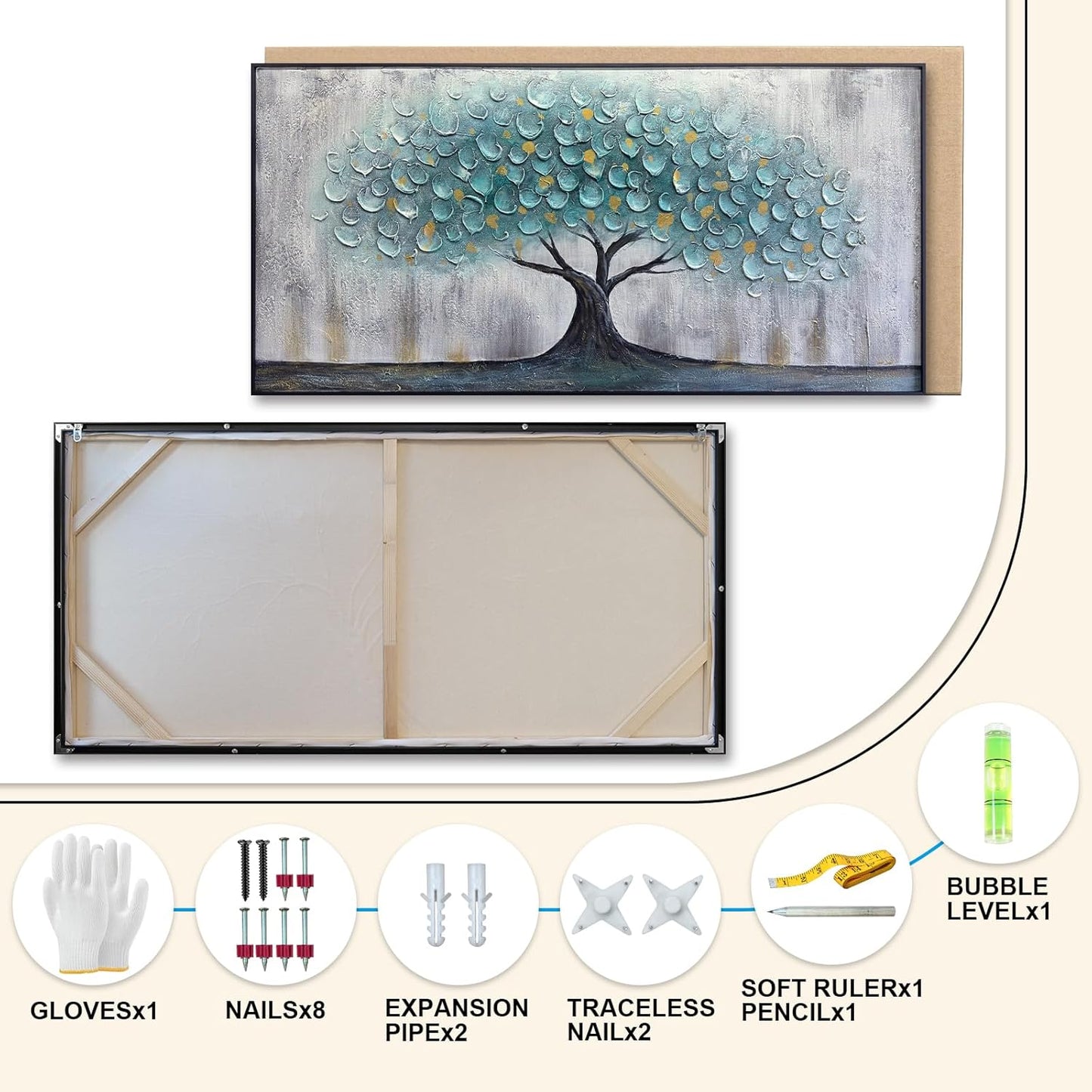 Teal Blue Tree of Life Canvas Wall Art, Hand Painted Modern Abstract Textured Painting, Large Framed Panoramic Landscape wall art for Living Room, Bedroom, Office, Home Decor 40"x20"