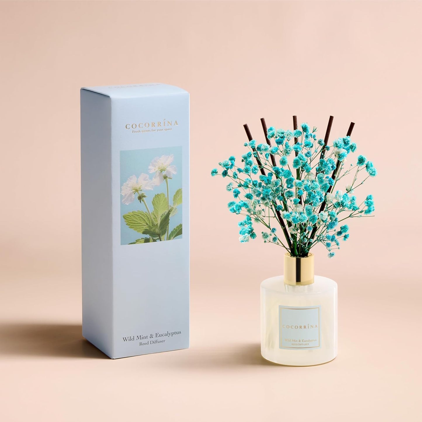 COCORRÍNA Reed Diffuser - Wild Mint & Eucalyptus 6.7 Fl.oz Reed Diffuser Set with Sticks & Preserved Baby's Breath, Reed Diffuser for Home Bathroom Shelf Decor