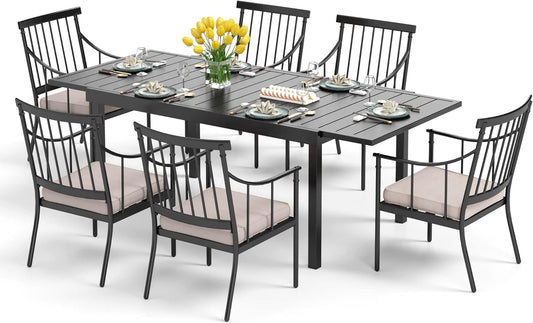 PHI VILLA 7 Piece Large Outdoor Dining Table Set, Expandable Rectangular Metal Dining Table & Cushioned Iron Chairs for Patio, Deck, Yard