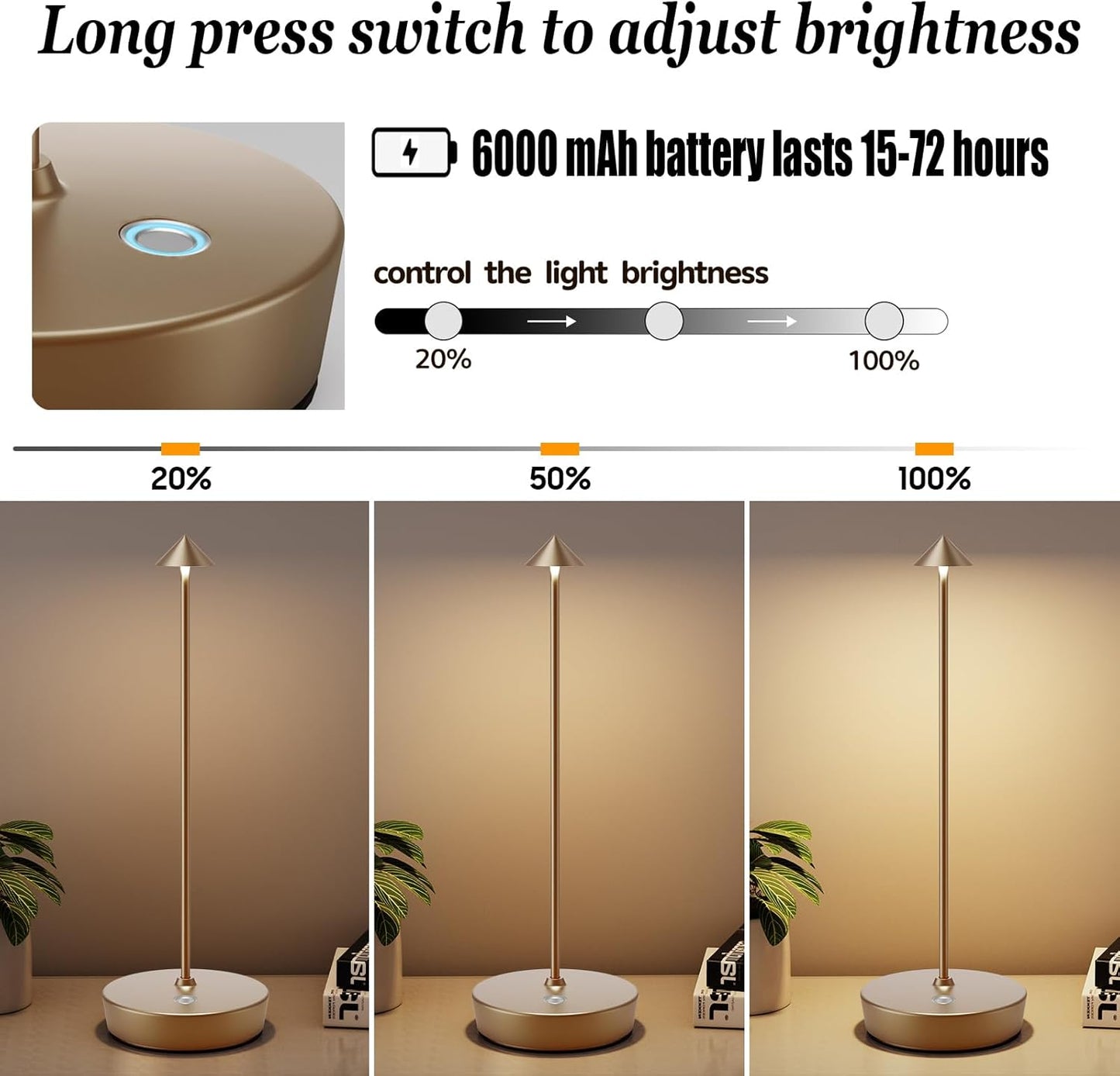 2Pack Rechargeable Cordless Table Lamp, Portable Powered LED Battery 6000mAh Metal USB Desk Lamp, 3 Levels Brightness Light for Restaurants Outdoor (2pack Titanium)