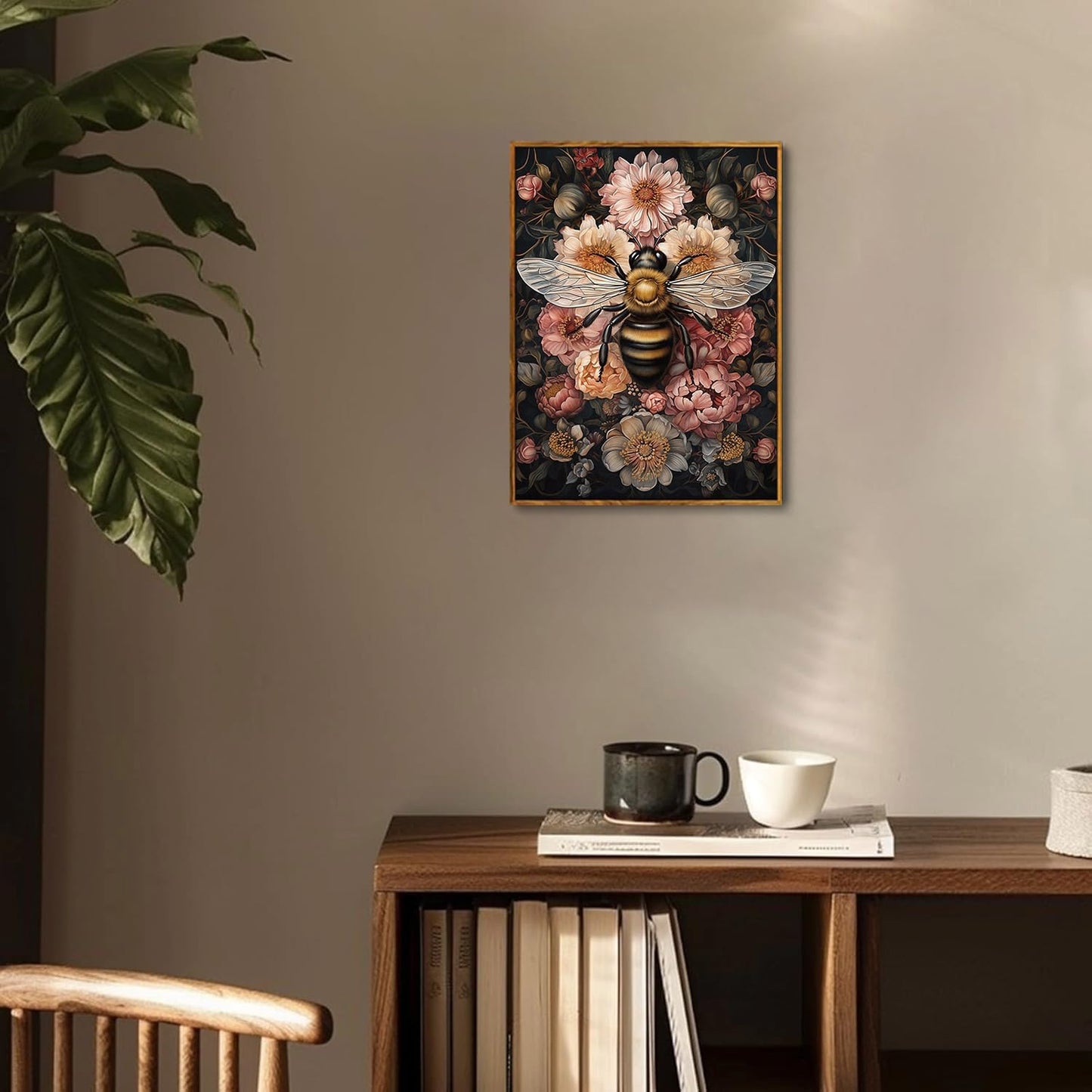 Djmwtb Vintage Framed Wall Art Floral Bee Canvas Wall Art Prints Botanical Flower Painting Cottagecore Pictures Artwork for Living Room Bedroom Office 12x16in