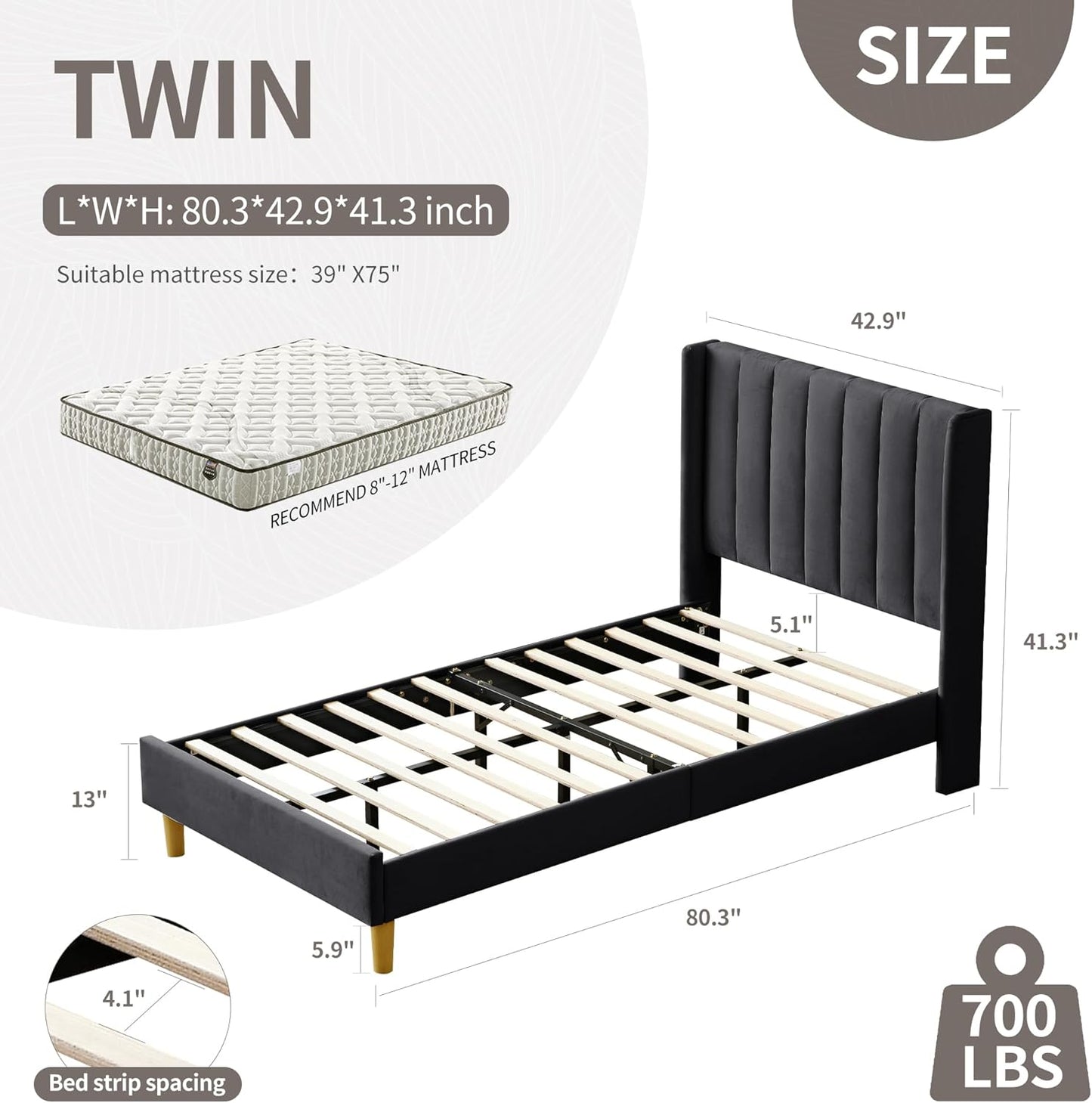 YUHUASHI upholstered Platform Bed Frame/Twin Bed Frame/Modern Geometric Double-Wing Design headboard/Linen Fabric/Easy to Assemble no Noise (Black, Twin)