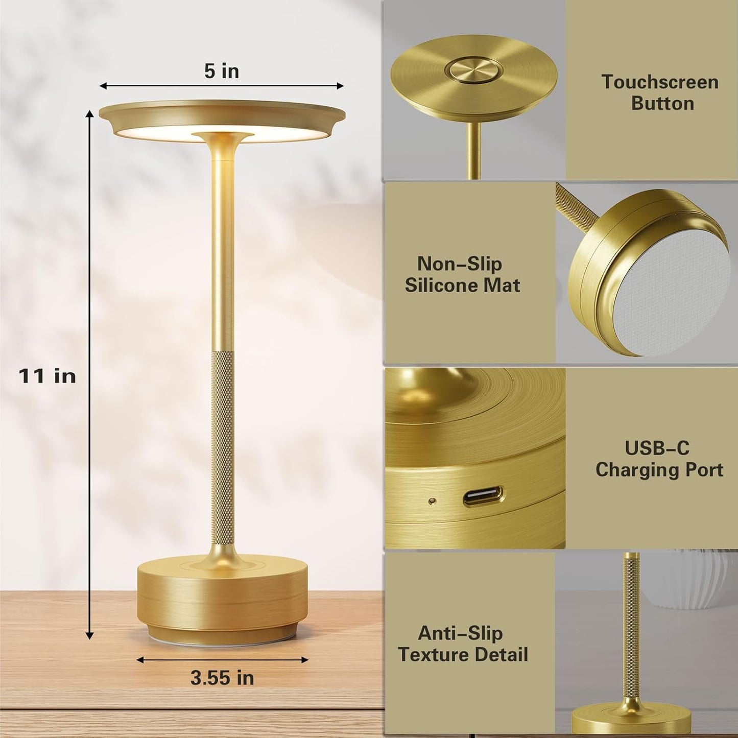 Cordless Rechargeable Table Lamp,LED Portable Touch 5000mAh Battery Operated Table Lights,with Memory Function 3-Level Brightness for Patio,Bars,Bedroom,Outdoor,Dinner,café(2P Gold)