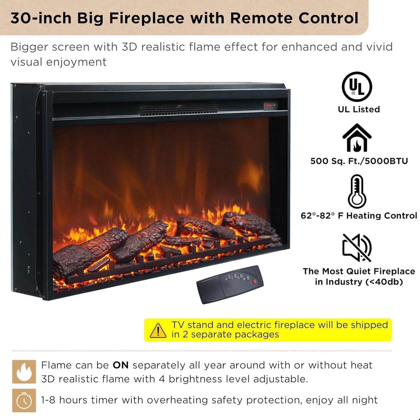 OKD Luxury 70" Fluted Fireplace TV Stand, Modern Chic Entertainment Center for TVs Up to 80 inches, TV Console with Faux Marble Top, Curved Profile Design, Media Console for Living Room, Natural Oak