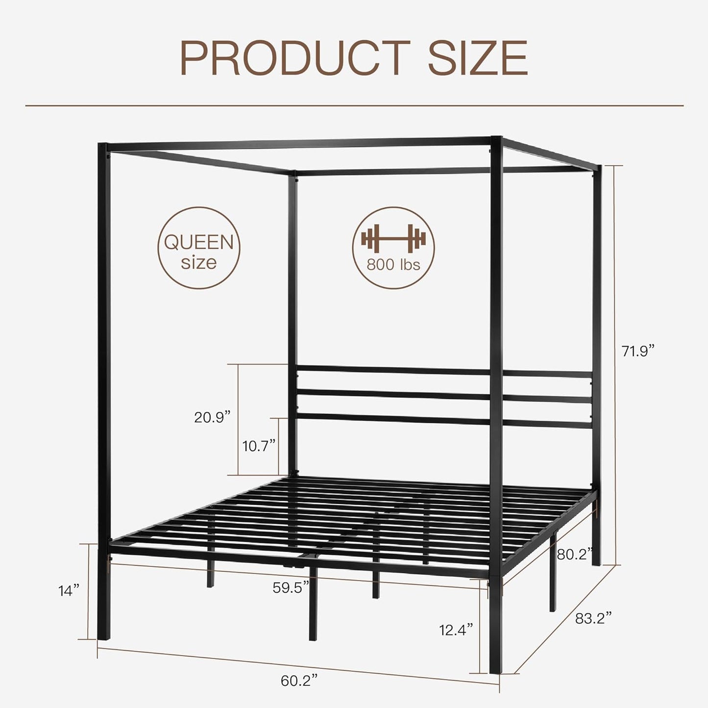 ikalido Queen Size Metal Canopy Bed Frame, Modern Four-Poster Platform Bed Frame, Mattress Foundation, Under-Bed Storage Space, No Box Spring Needed, Black