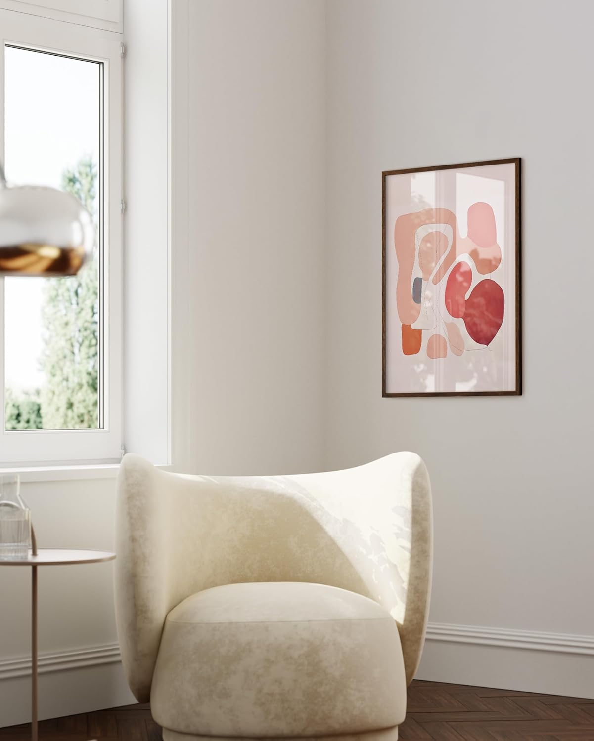 HAUS AND HUES Colorful Abstract Wall Art - Minimalist Retro Picture for Living Room Decor, Red and Pink Modern Wall Art Painting (Pink Abstract Shapes, Walnut Frame, 24x36)