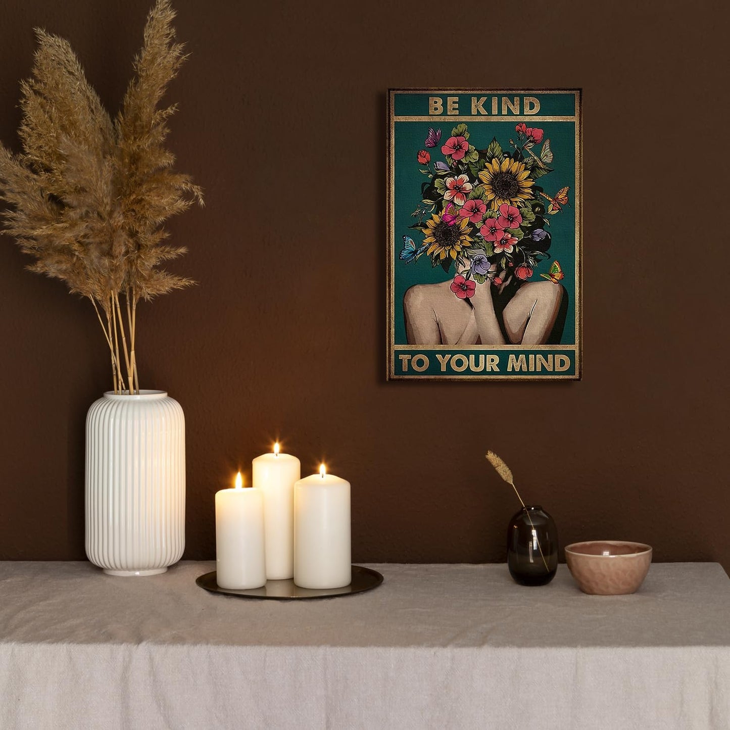 DIHSIEG Flower Canvas Wall Art Be Kind to Your Mind Vintage Poster Frameless Floral Can be hung on the Wall Heal Your Heart poster Wall Art Canvas(12x16 Dark Green)