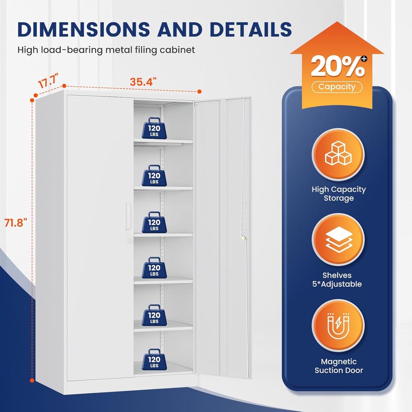 Yizosh Metal Storage Cabinet with Locking Doors and 5 Adjustable Shelves,- 72" Garage Storage White Steel Lockable File Cabinet for Office,Home,Garage