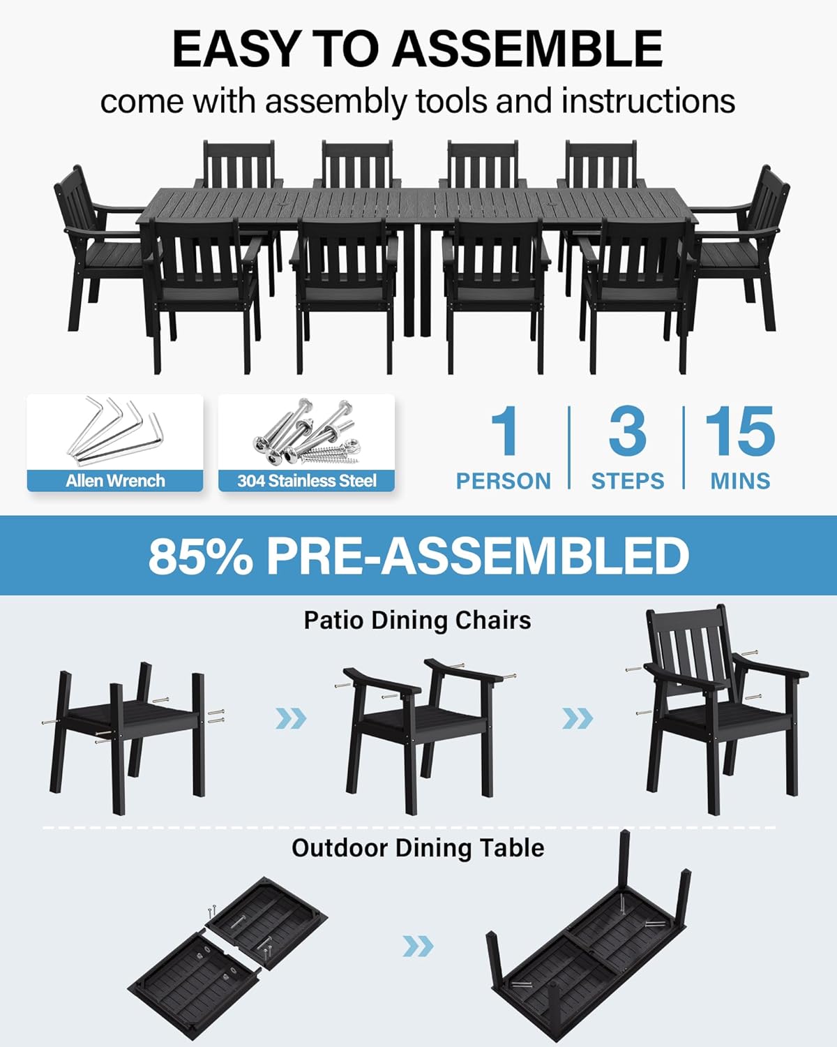 YEFU Outdoor Patio Dining Sets: Outdoor Furniture 12 Piece Dining Table Set for 10 with Umbrella Hole & Aluminum Frame - All Weather Patio 2 Table and 10 Chairs for Outside Backyard/Porch/Deck Black