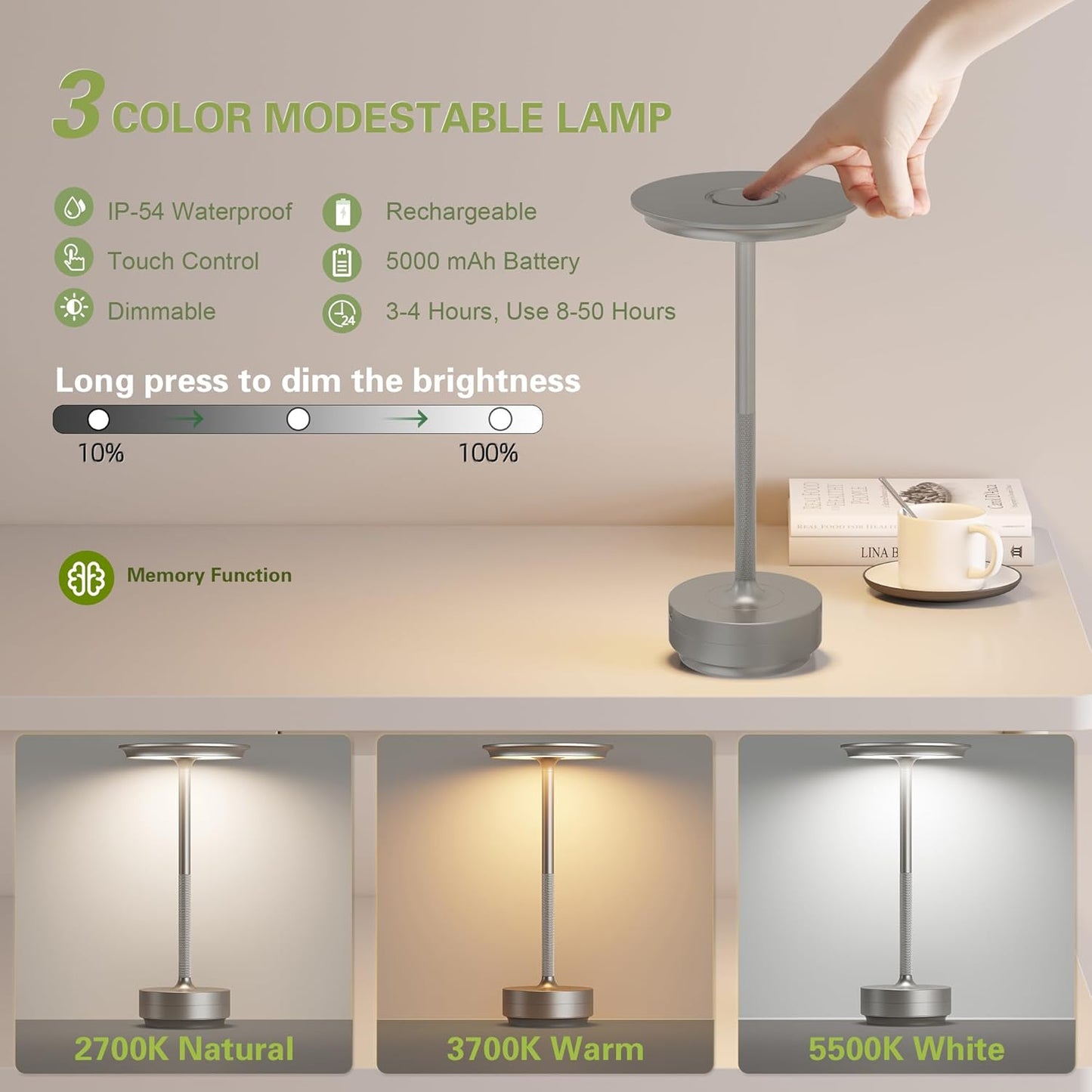 LED Cordless Table Lights Set of 2, Built-in 5000mAh Battery Rechargeable Outdoor Waterproof Portable Touch Battery Table Lamps with Memory Function,for Patio/Campsite/Work（Silver ）