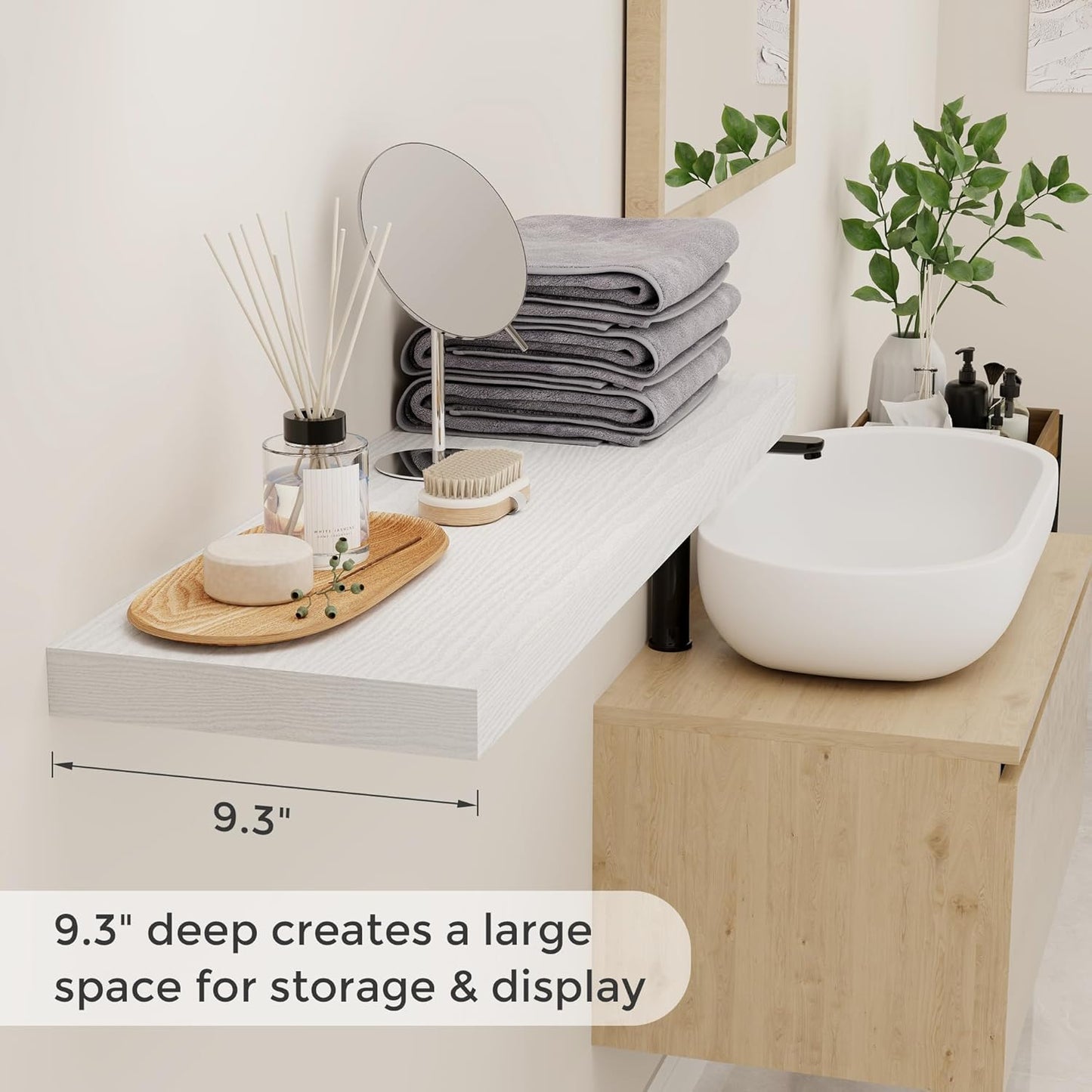 Fun Memories 36 Inch Floating Shelves White, 9.3 Deep Floating Shelf for Wall, Rustic White Wall Shelves 36x9.3x1.5 - Set of 2, Large Deep Shelf for Kitchen, Living Room Storage