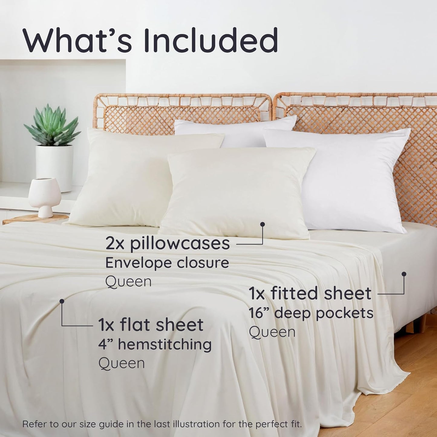 Bambaw 100% Viscose Derived from Bamboo Queen Size Sheet Set - 4pcs Cooling Sheets for Hot Sleepers, Soft Deep Pocket Queen Sheets Fits Up to 16'' with Elastic Corner Straps (Ivory)